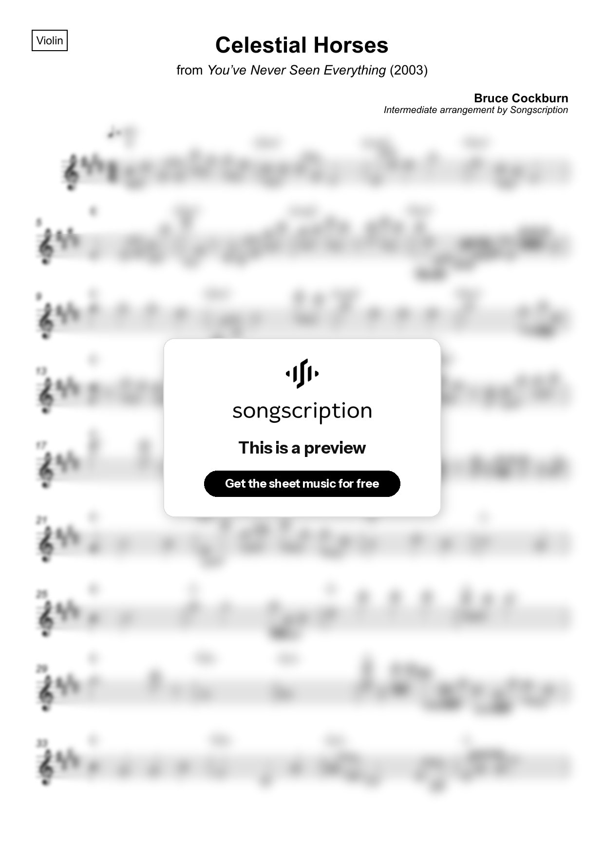 Intermediate Violin Sheet Music for "Celestial Horses" by Bruce Cockburn