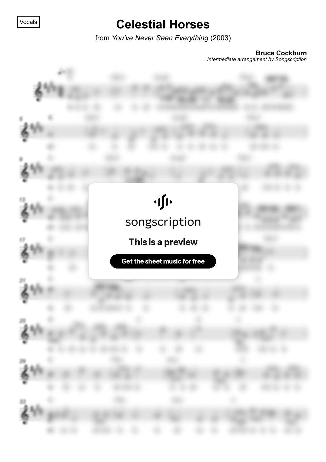 Intermediate Vocals Sheet Music for "Celestial Horses" by Bruce Cockburn