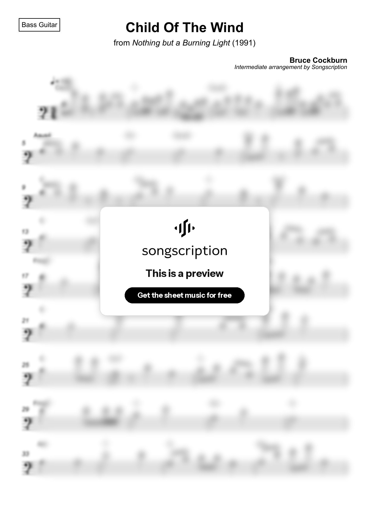 Intermediate Bass Guitar Sheet Music for "Child Of The Wind" by Bruce Cockburn