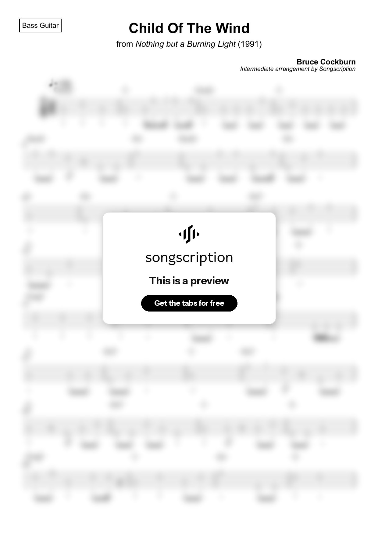 Intermediate Bass Guitar Tabs for "Child Of The Wind" by Bruce Cockburn