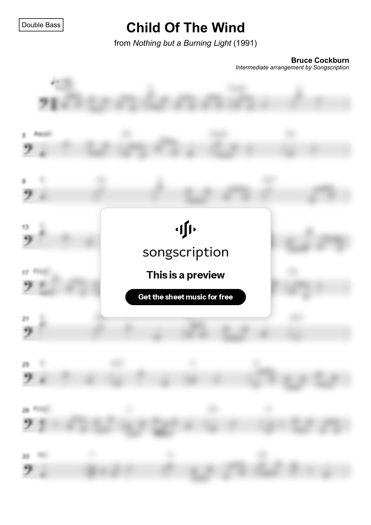 Intermediate Double Bass Sheet Music for "Child Of The Wind" by Bruce Cockburn