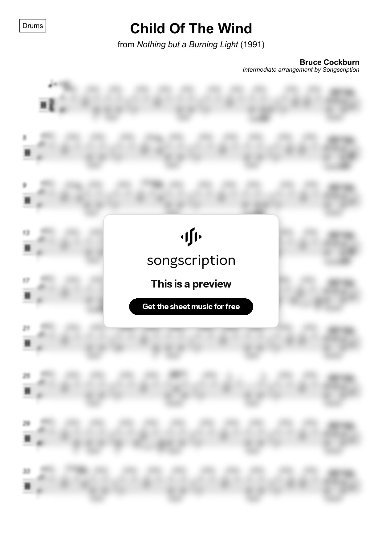 Intermediate Drums Sheet Music for "Child Of The Wind" by Bruce Cockburn