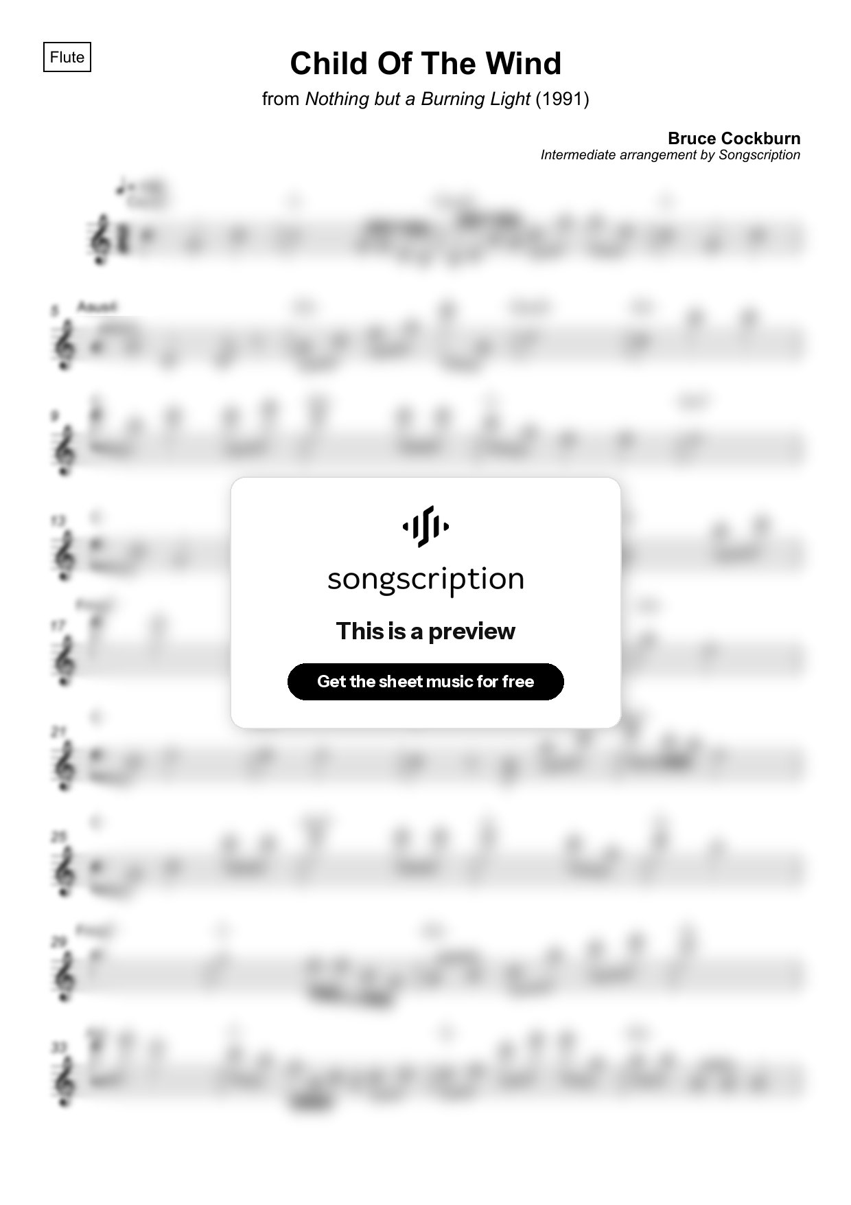 Intermediate Flute Sheet Music for "Child Of The Wind" by Bruce Cockburn