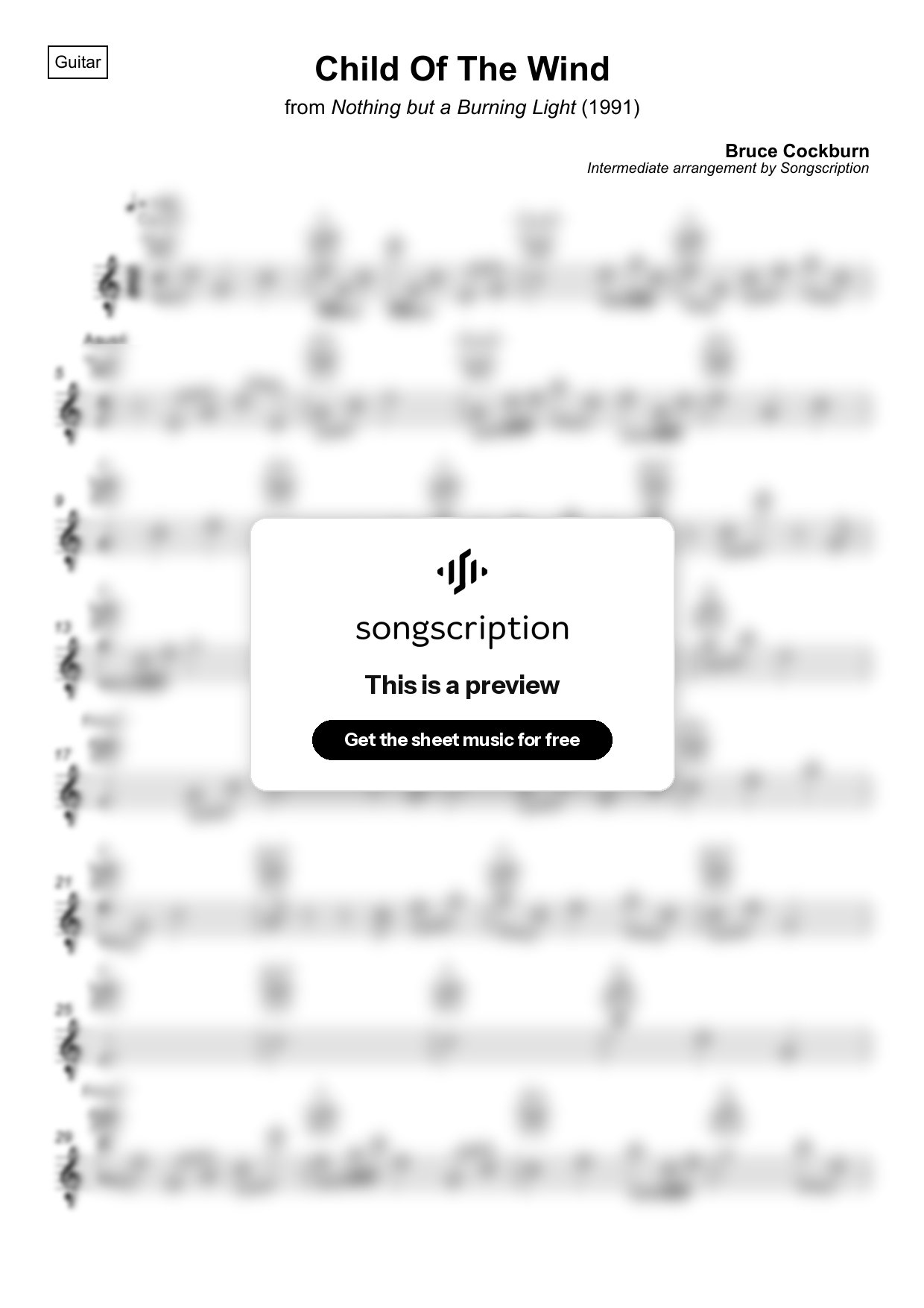 Intermediate Acoustic Guitar Sheet Music for "Child Of The Wind" by Bruce Cockburn