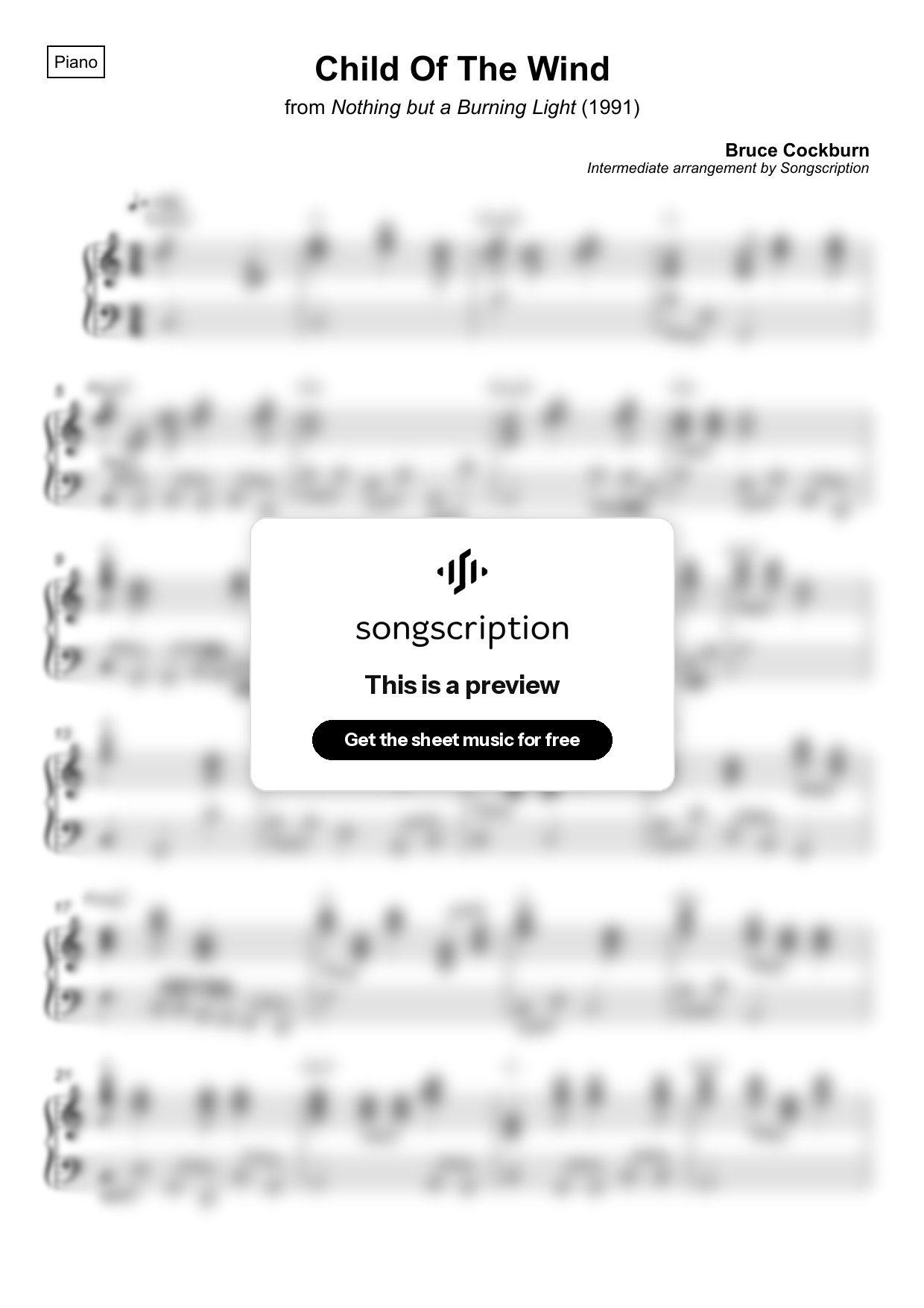 Intermediate Piano Sheet Music for "Child Of The Wind" by Bruce Cockburn