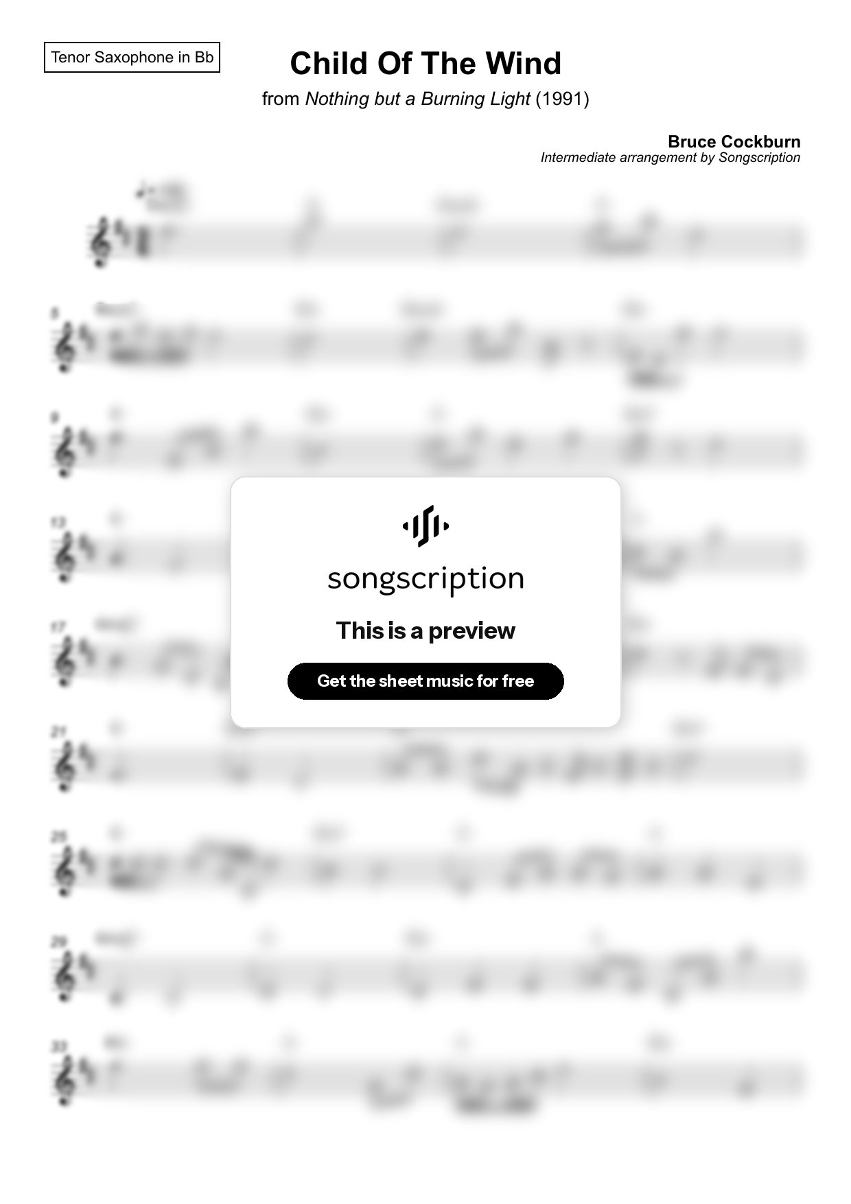 Intermediate Tenor Sax Sheet Music for "Child Of The Wind" by Bruce Cockburn