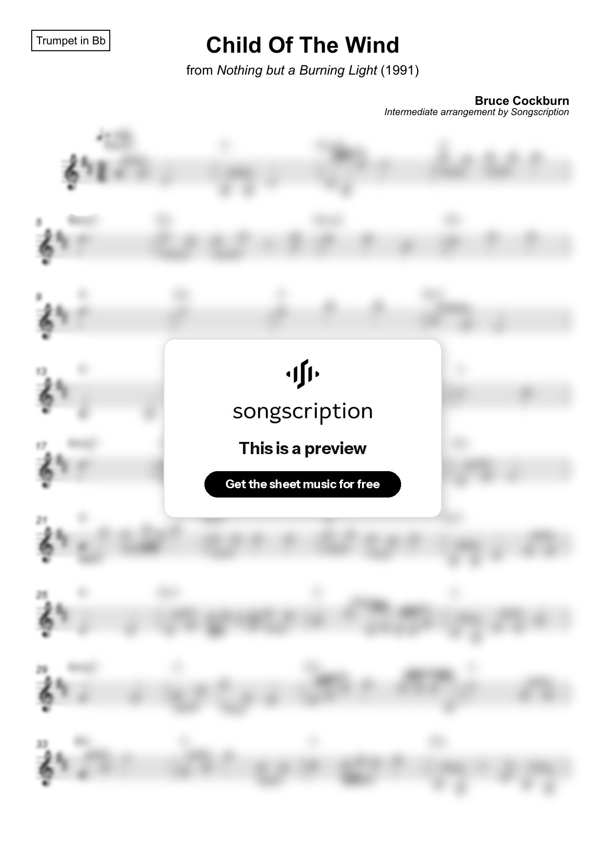 Intermediate Trumpet Sheet Music for "Child Of The Wind" by Bruce Cockburn