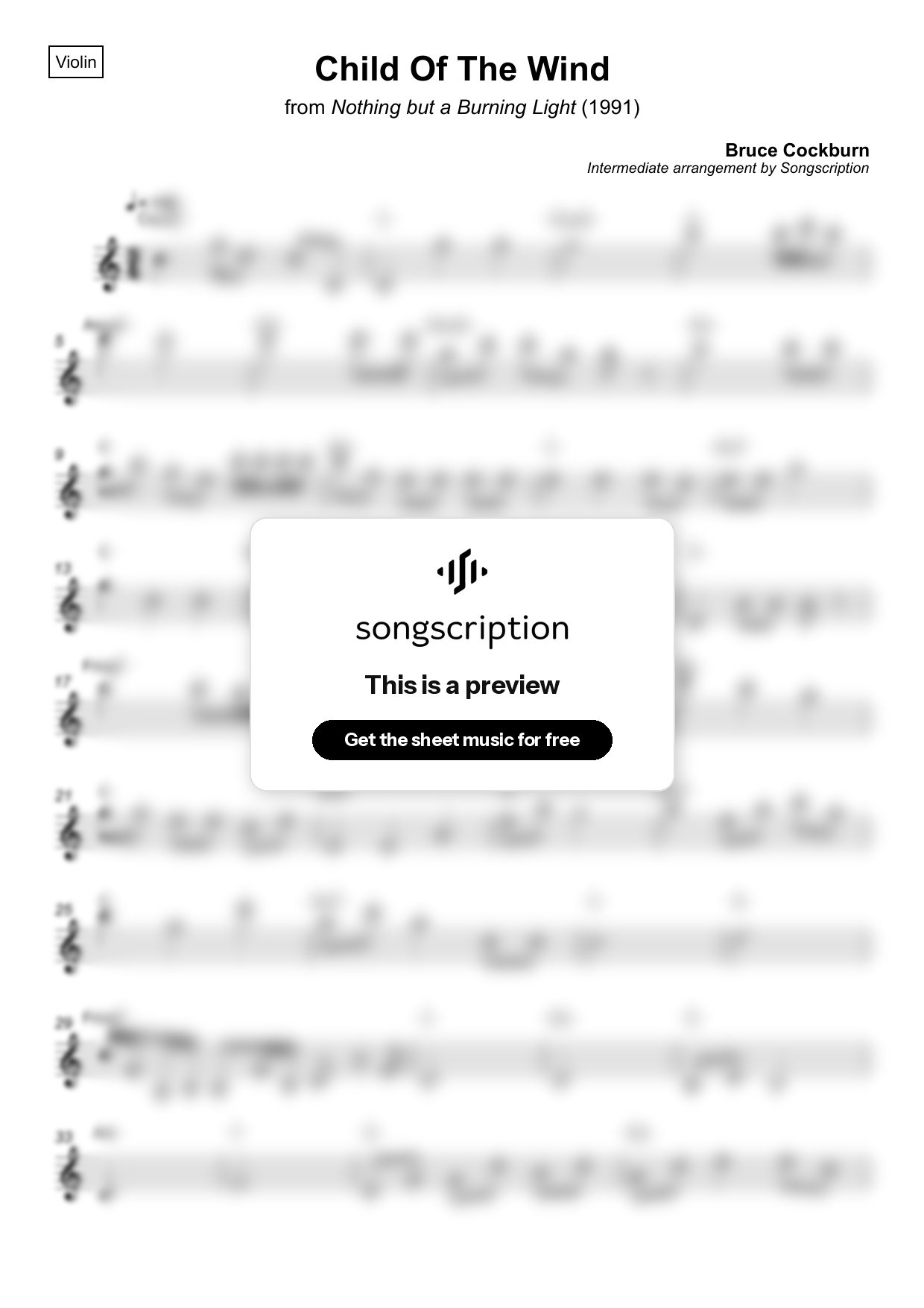 Intermediate Violin Sheet Music for "Child Of The Wind" by Bruce Cockburn
