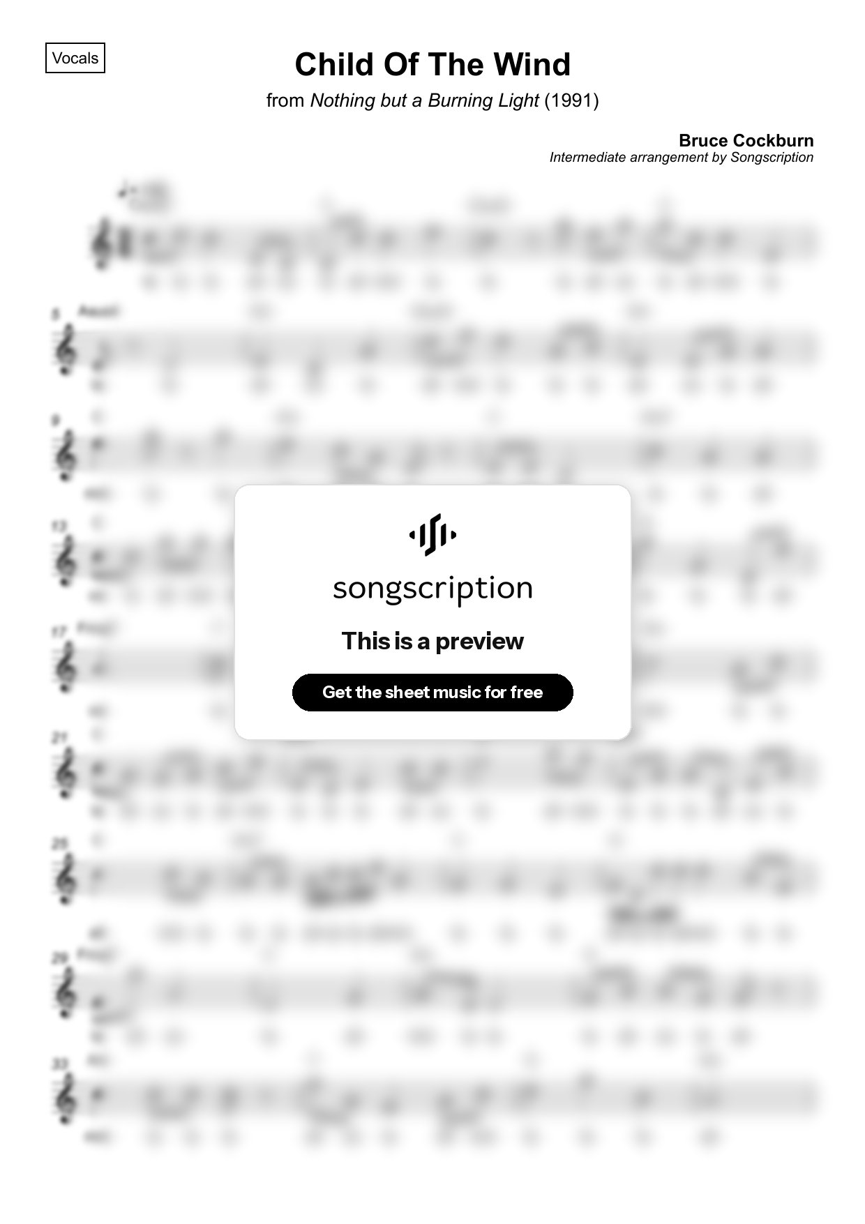 Intermediate Vocals Sheet Music for "Child Of The Wind" by Bruce Cockburn
