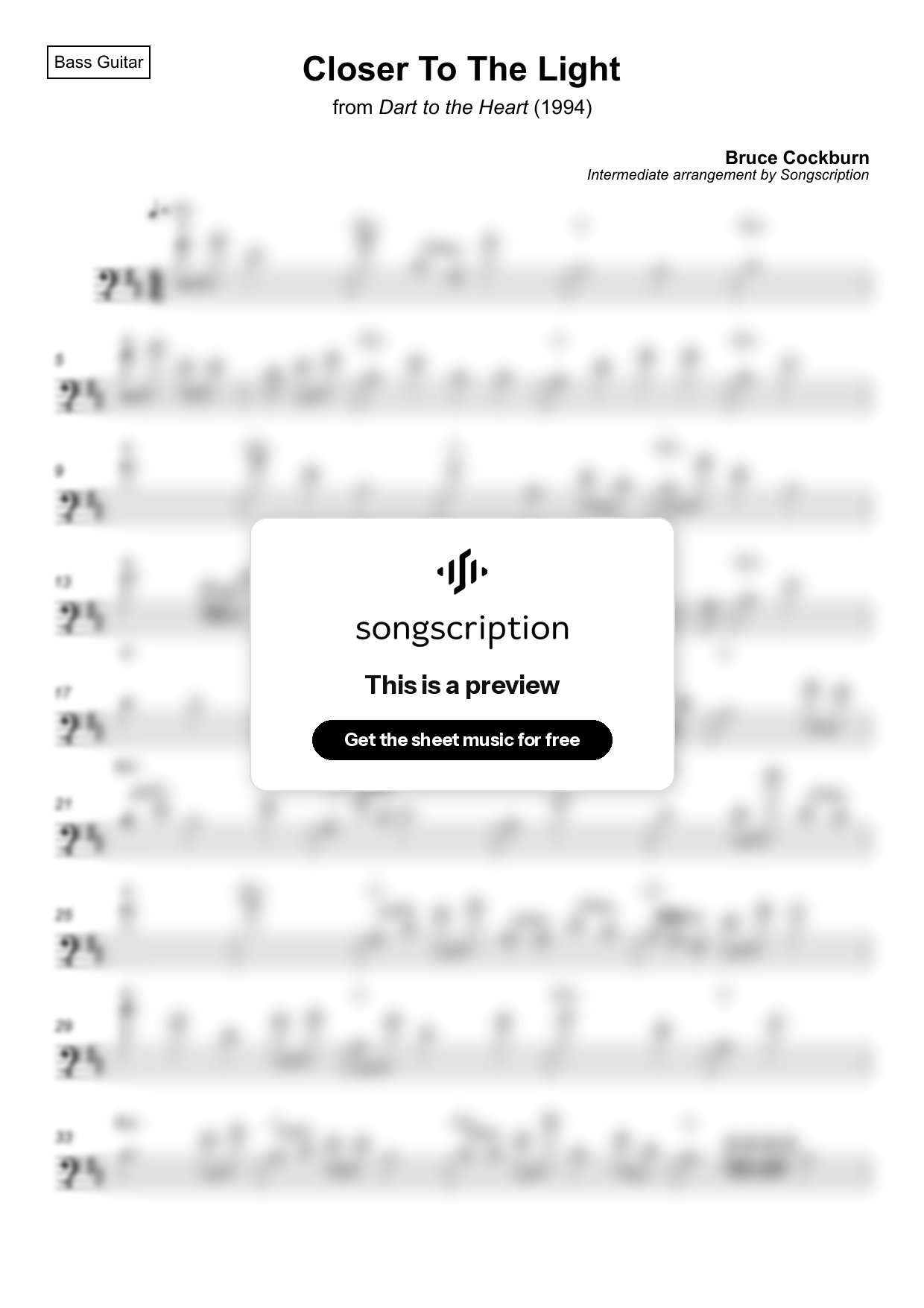 Intermediate Bass Guitar Sheet Music for "Closer To The Light" by Bruce Cockburn