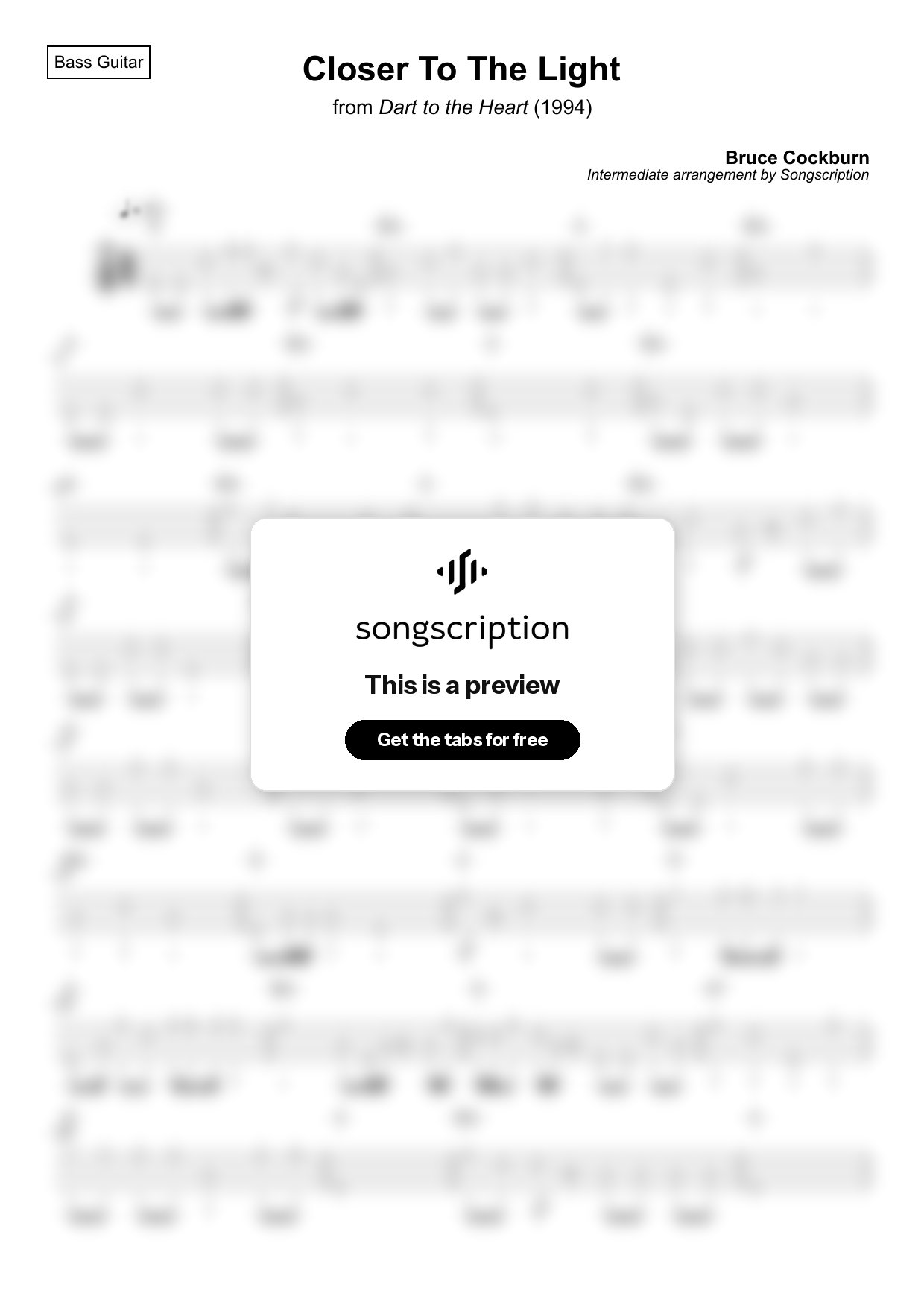 Intermediate Bass Guitar Tabs for "Closer To The Light" by Bruce Cockburn