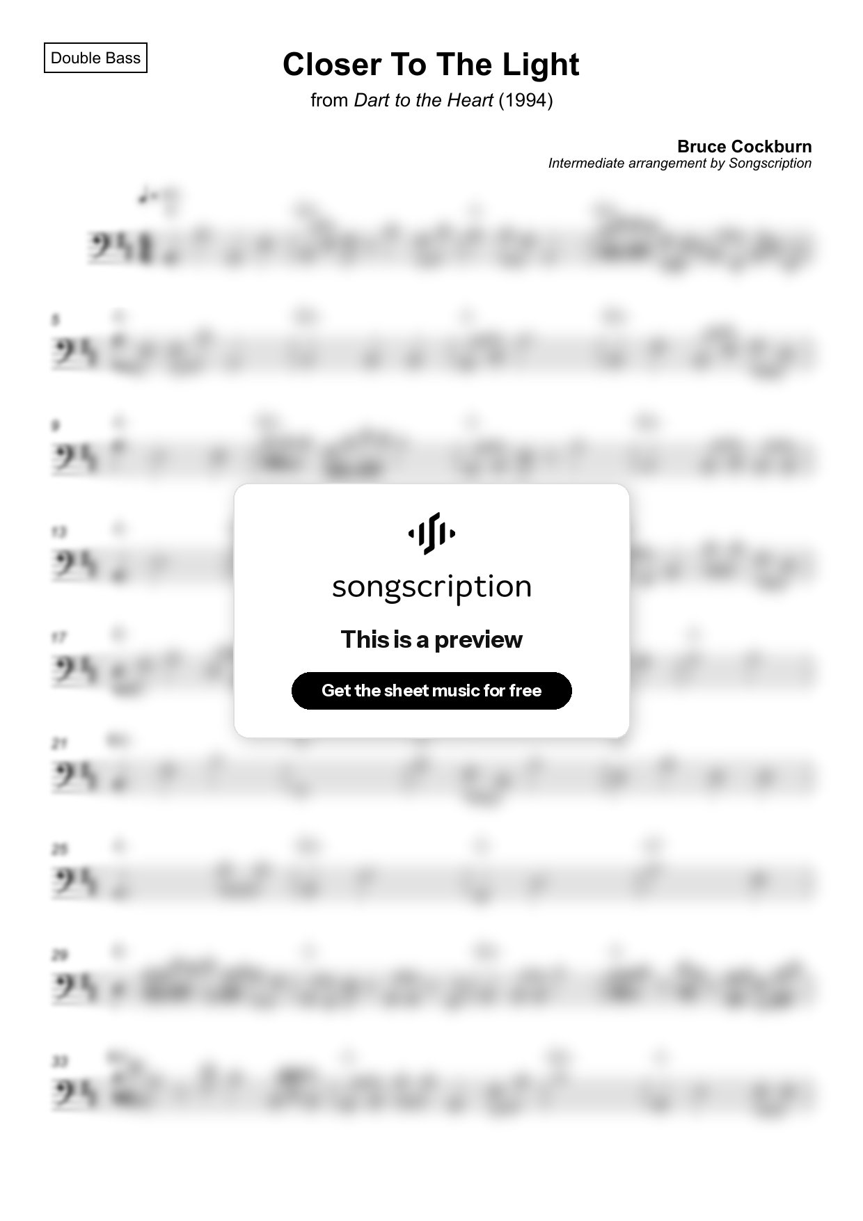 Intermediate Double Bass Sheet Music for "Closer To The Light" by Bruce Cockburn