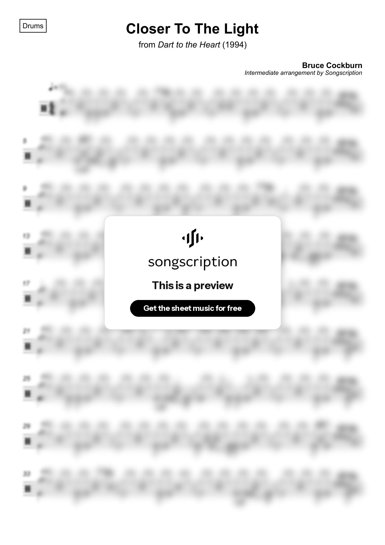 Intermediate Drums Sheet Music for "Closer To The Light" by Bruce Cockburn