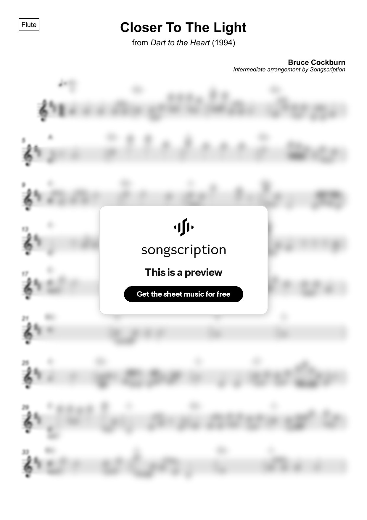Intermediate Flute Sheet Music for "Closer To The Light" by Bruce Cockburn