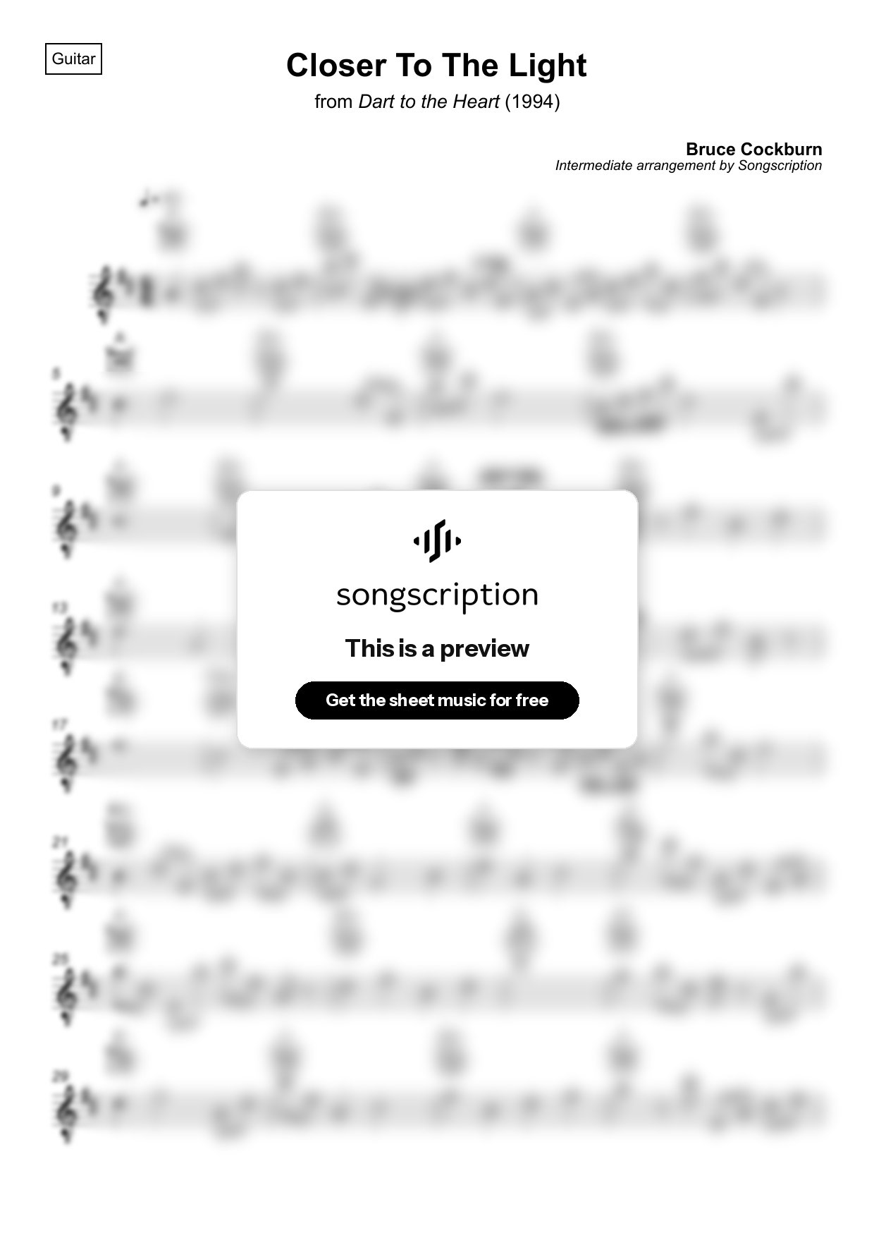 Intermediate Acoustic Guitar Sheet Music for "Closer To The Light" by Bruce Cockburn