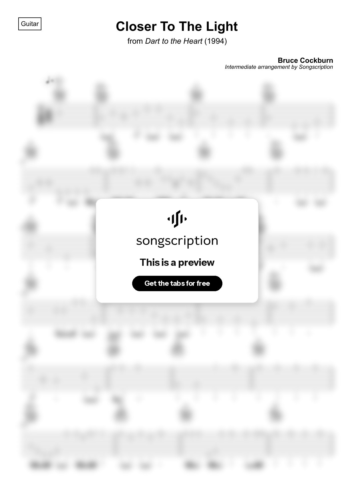 Intermediate Acoustic Guitar Tabs for "Closer To The Light" by Bruce Cockburn