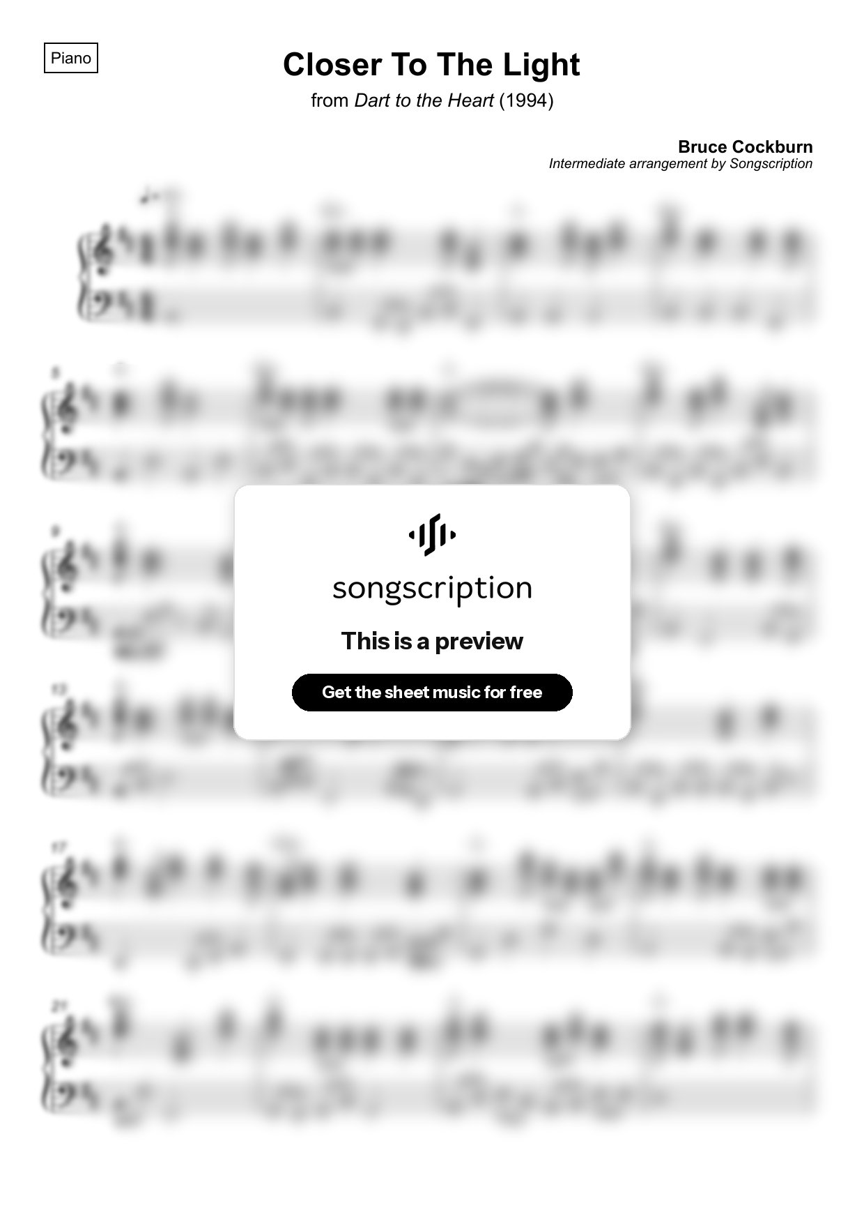 Intermediate Piano Sheet Music for "Closer To The Light" by Bruce Cockburn