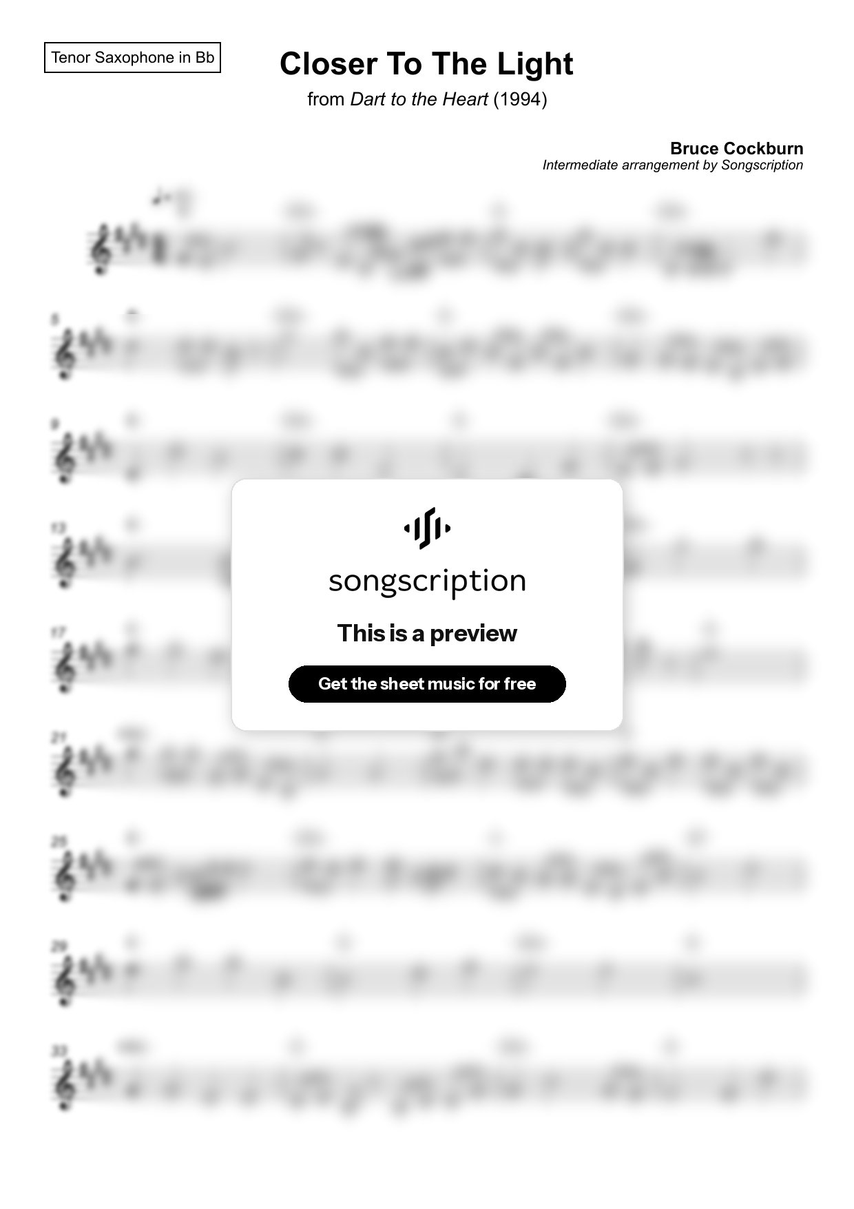 Intermediate Tenor Sax Sheet Music for "Closer To The Light" by Bruce Cockburn