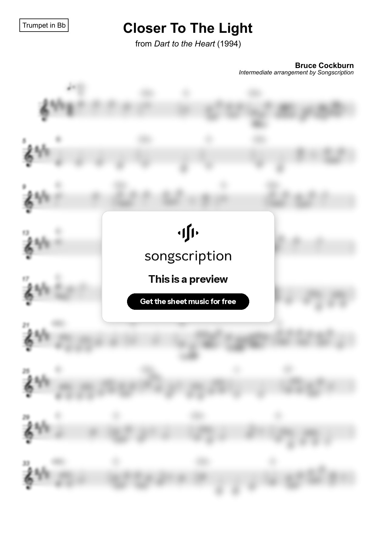 Intermediate Trumpet Sheet Music for "Closer To The Light" by Bruce Cockburn