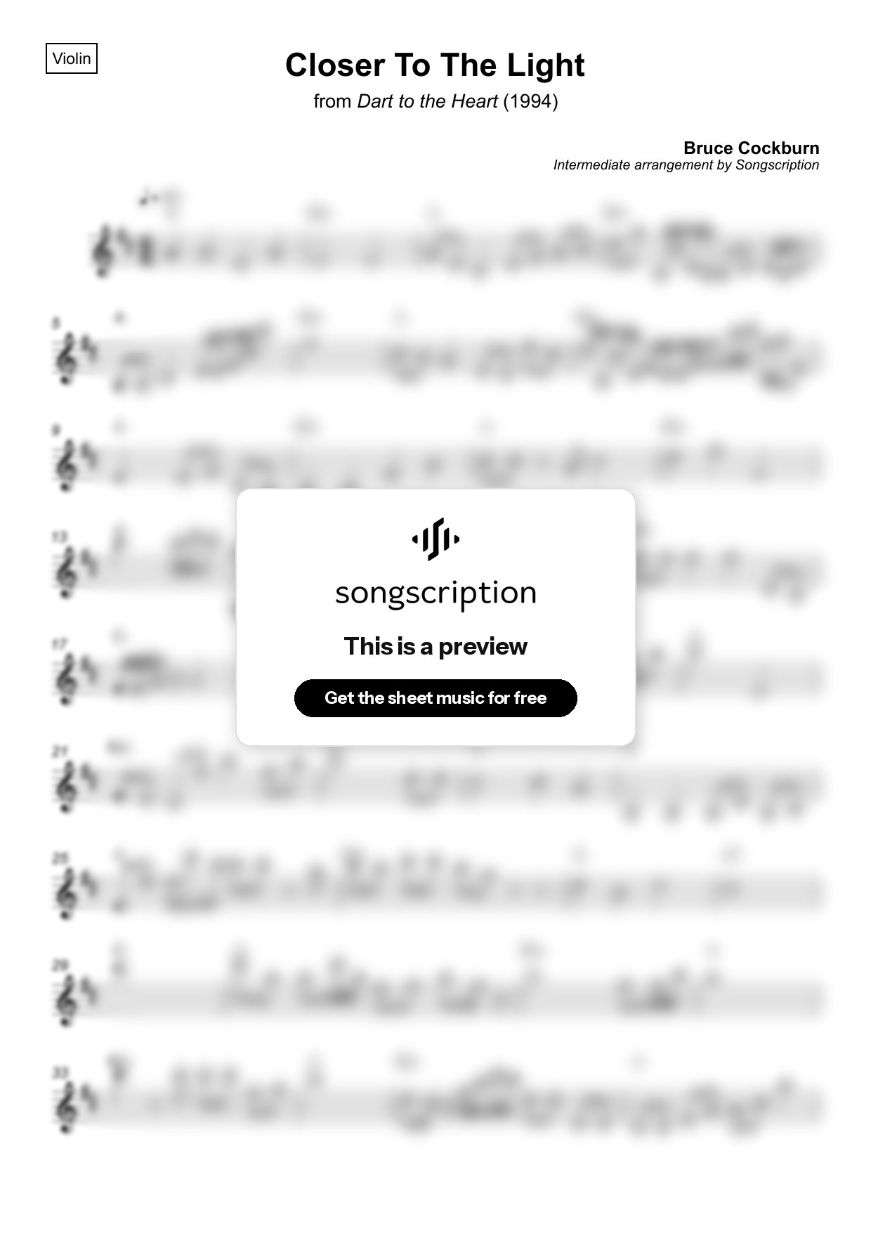 Intermediate Violin Sheet Music for "Closer To The Light" by Bruce Cockburn