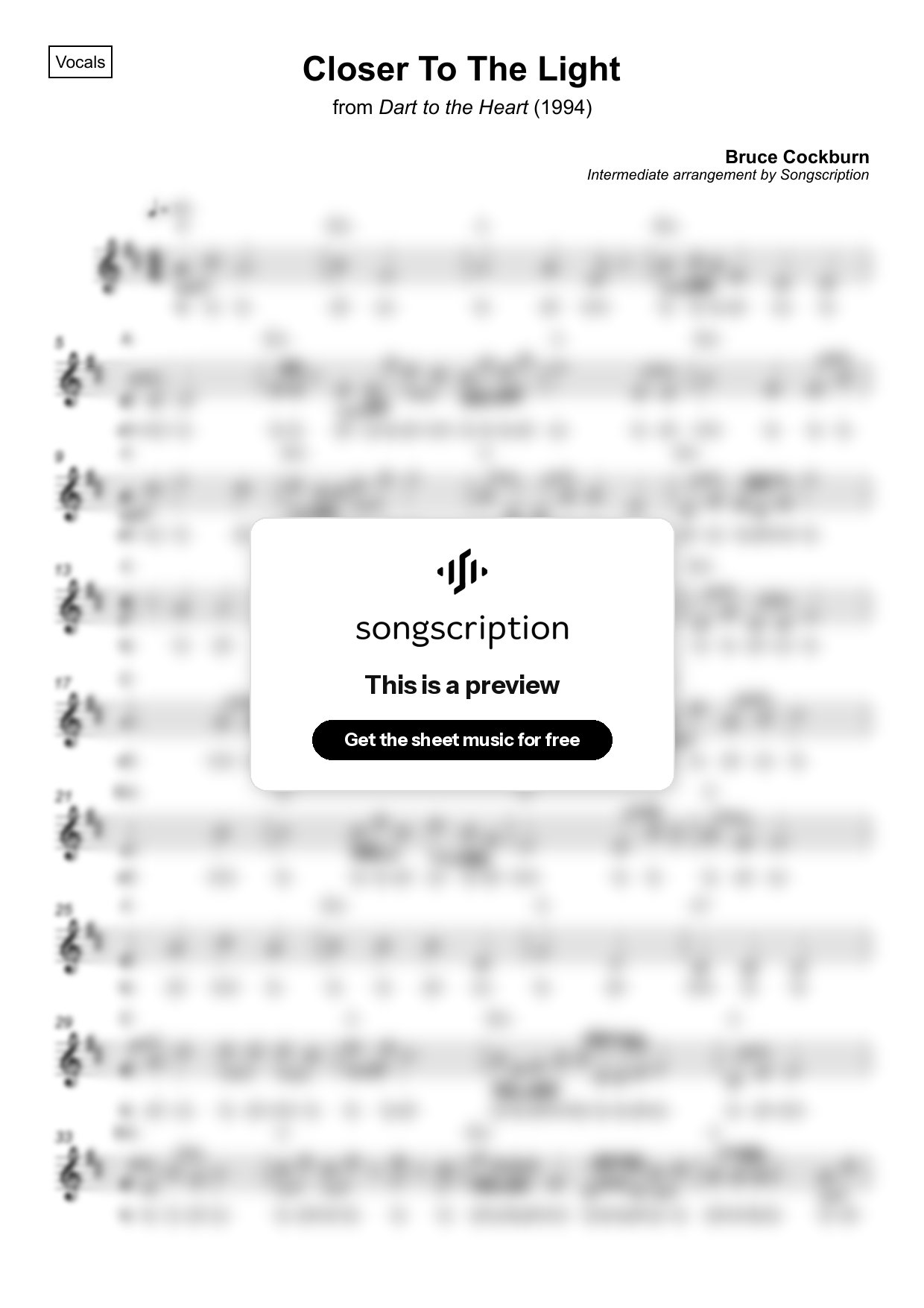 Intermediate Vocals Sheet Music for "Closer To The Light" by Bruce Cockburn