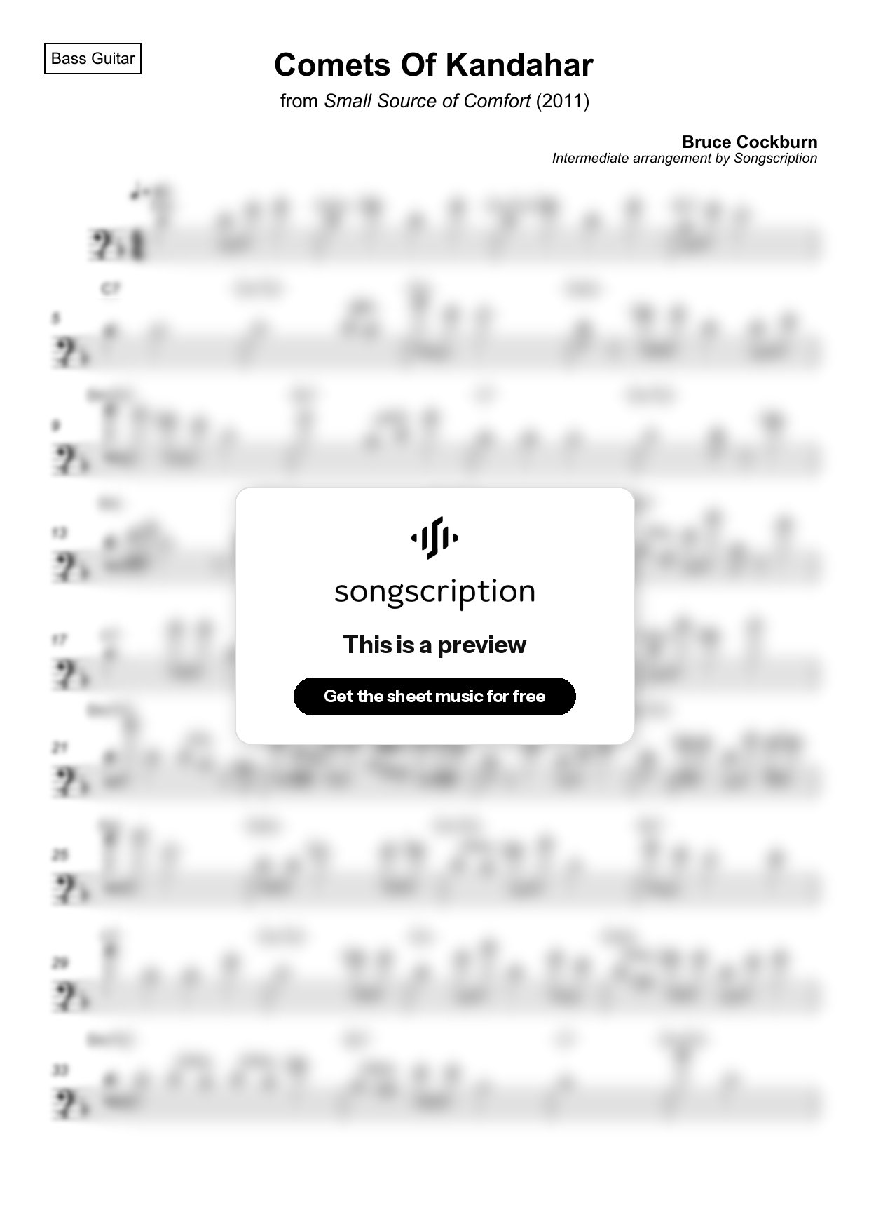 Intermediate Bass Guitar Sheet Music for "Comets Of Kandahar" by Bruce Cockburn