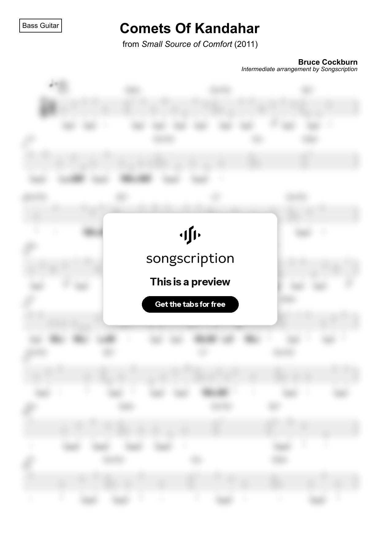 Intermediate Bass Guitar Tabs for "Comets Of Kandahar" by Bruce Cockburn