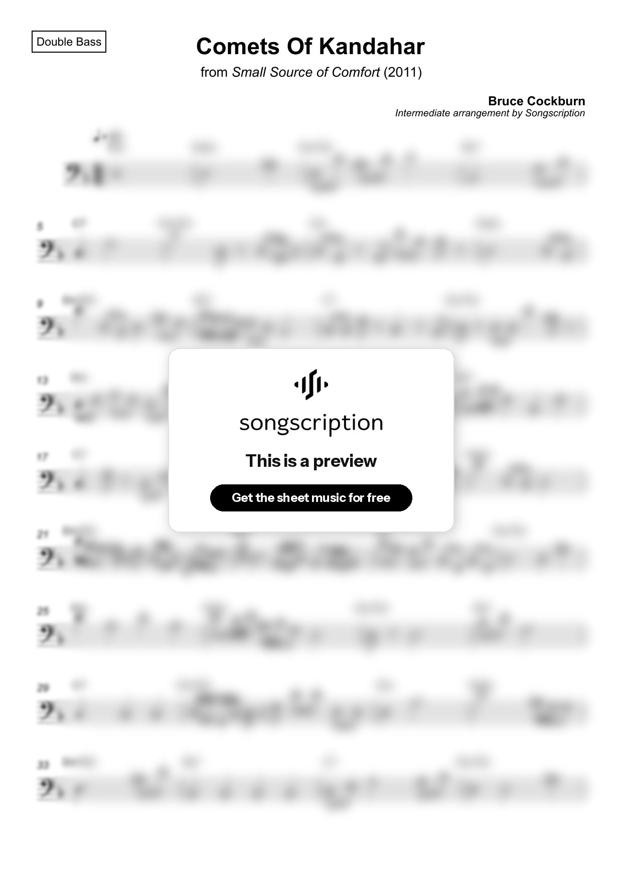Intermediate Double Bass Sheet Music for "Comets Of Kandahar" by Bruce Cockburn