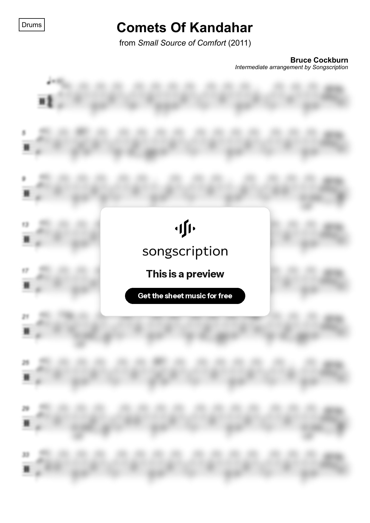 Intermediate Drums Sheet Music for "Comets Of Kandahar" by Bruce Cockburn