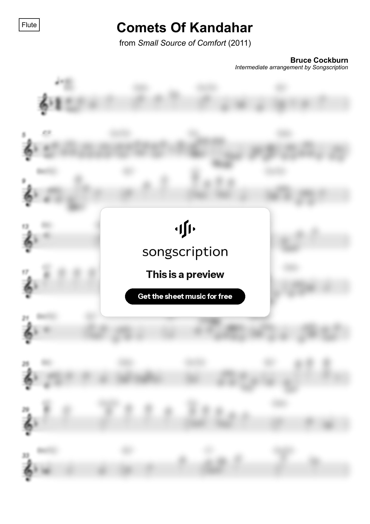 Intermediate Flute Sheet Music for "Comets Of Kandahar" by Bruce Cockburn