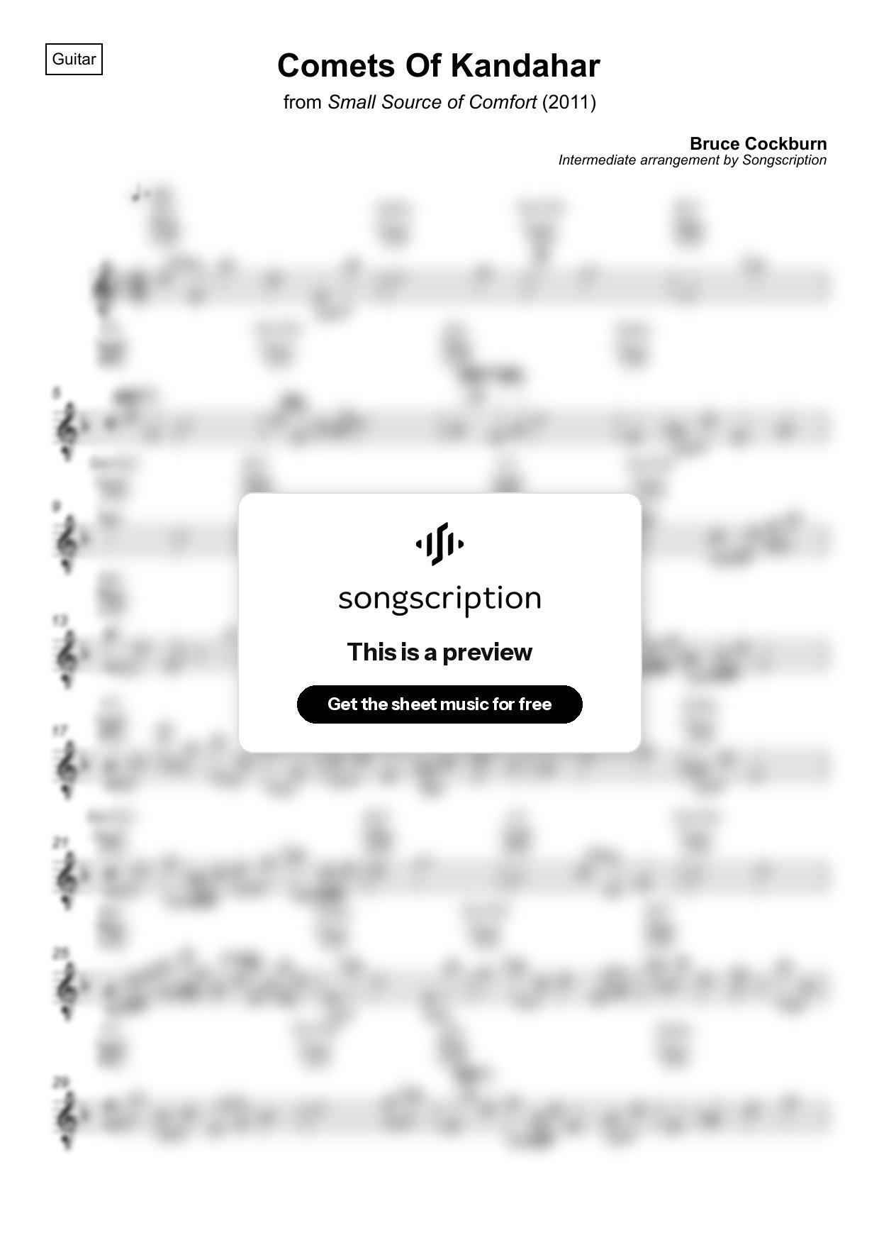 Intermediate Acoustic Guitar Sheet Music for "Comets Of Kandahar" by Bruce Cockburn