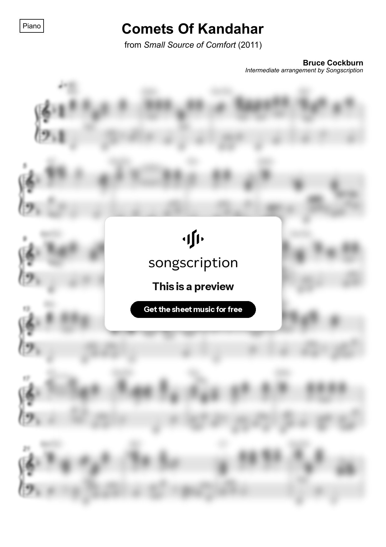 Intermediate Piano Sheet Music for "Comets Of Kandahar" by Bruce Cockburn
