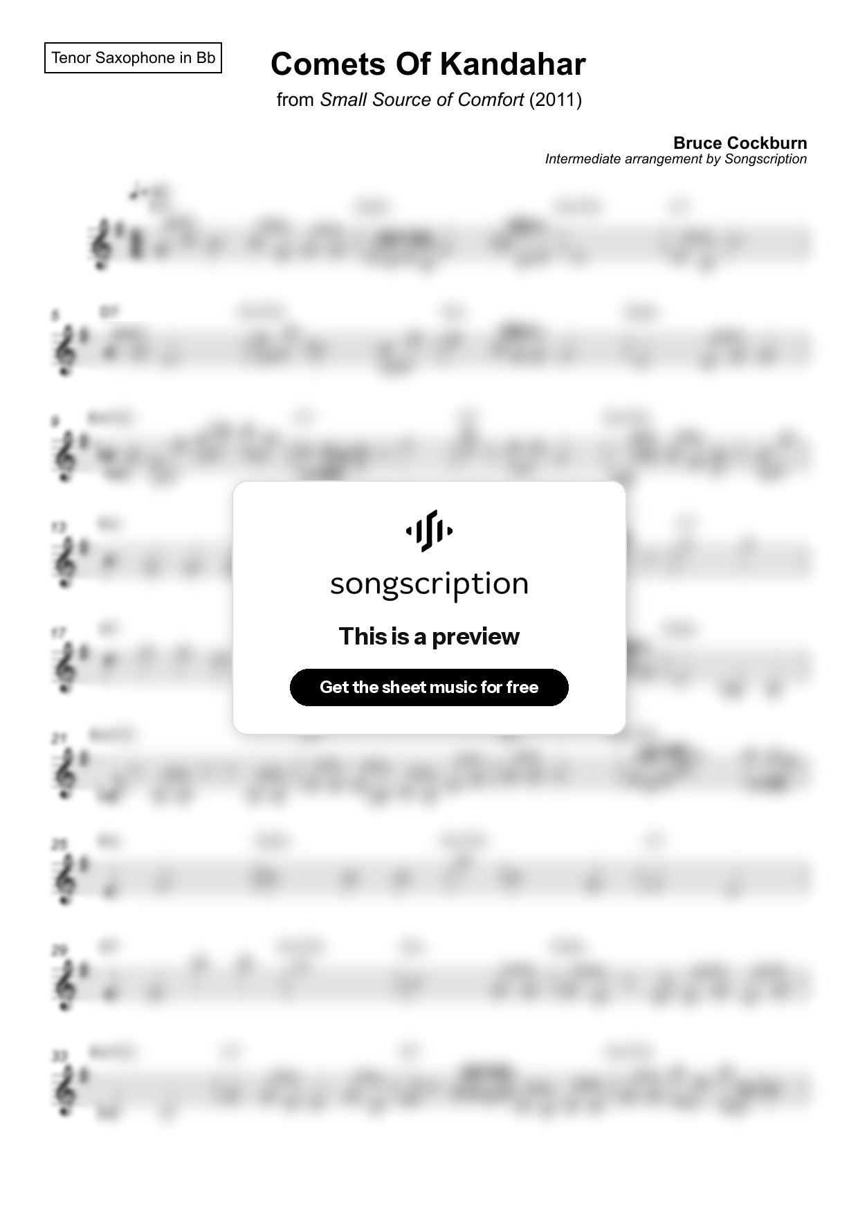 Intermediate Tenor Sax Sheet Music for "Comets Of Kandahar" by Bruce Cockburn