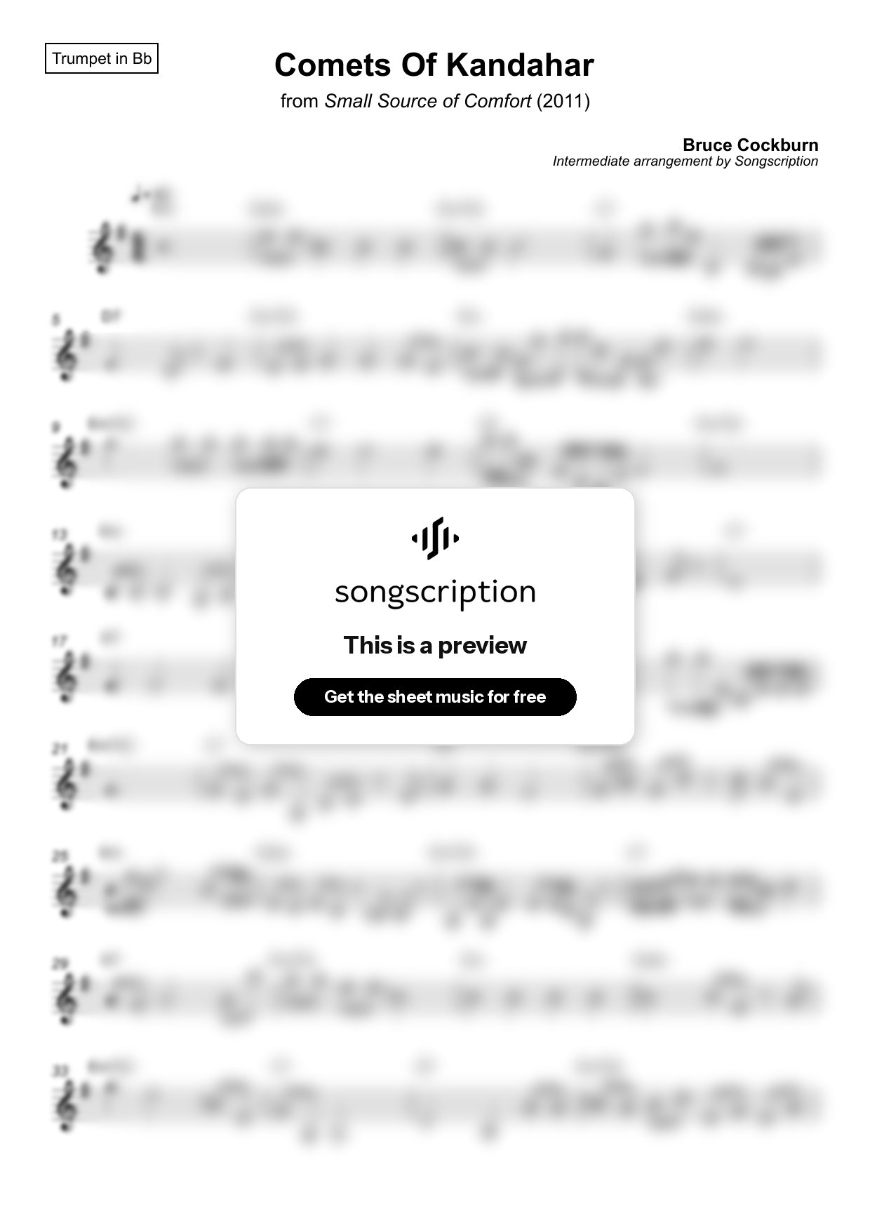 Intermediate Trumpet Sheet Music for "Comets Of Kandahar" by Bruce Cockburn