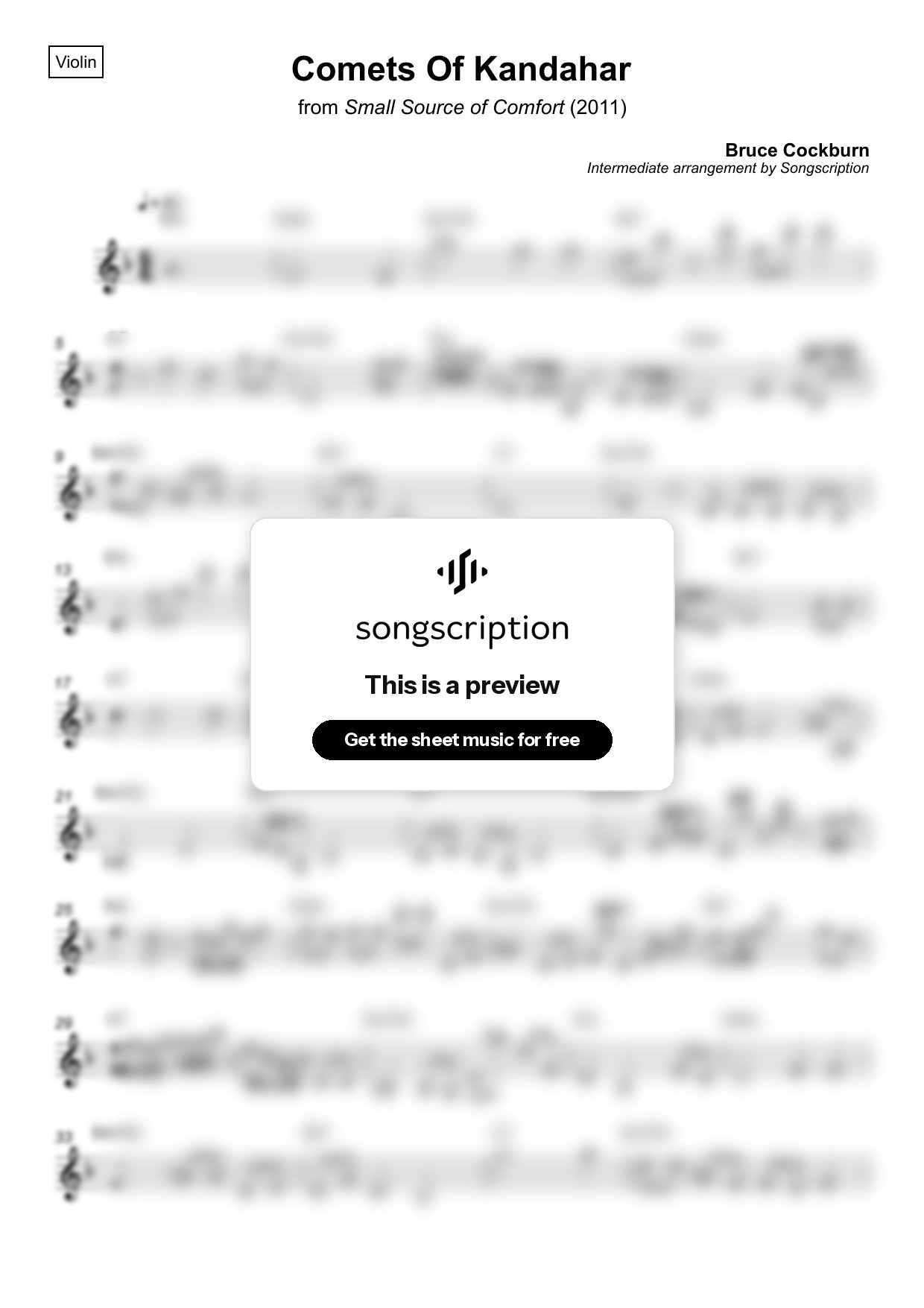 Intermediate Violin Sheet Music for "Comets Of Kandahar" by Bruce Cockburn
