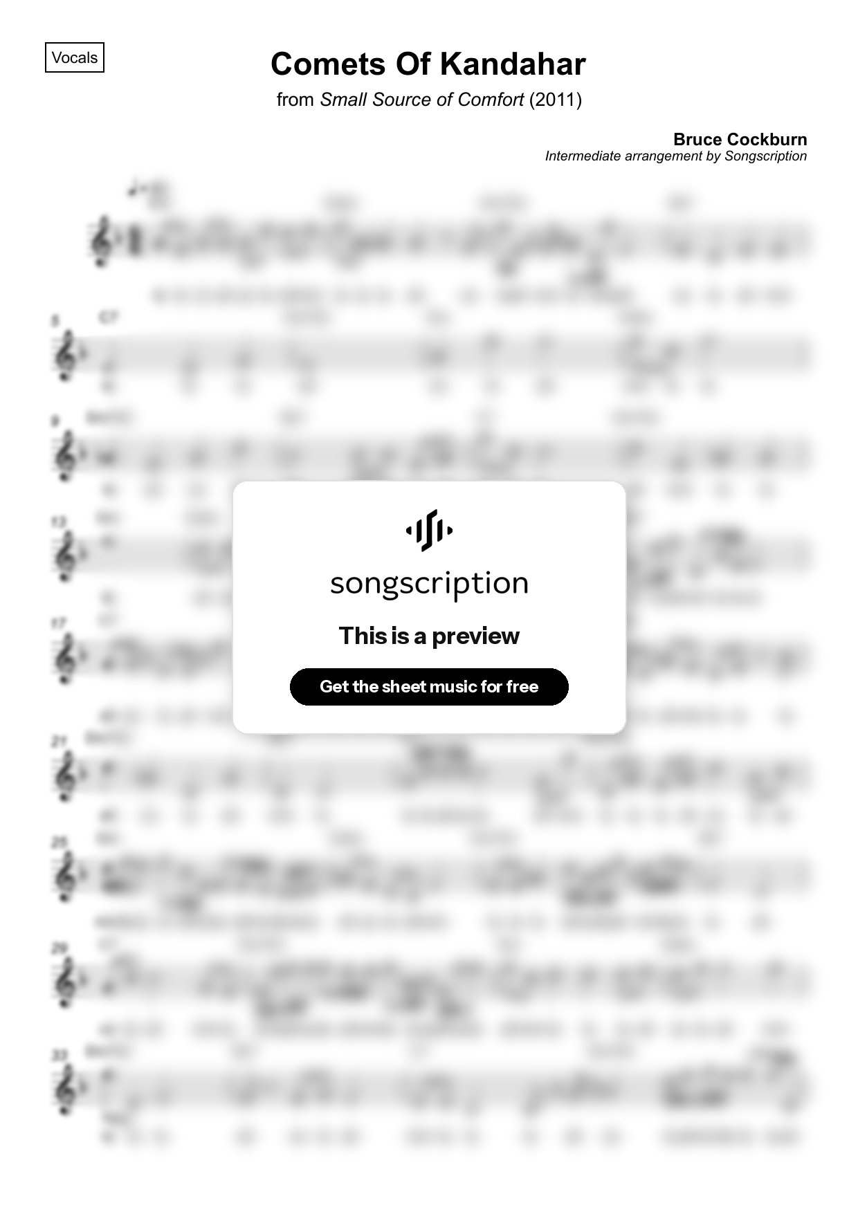 Intermediate Vocals Sheet Music for "Comets Of Kandahar" by Bruce Cockburn