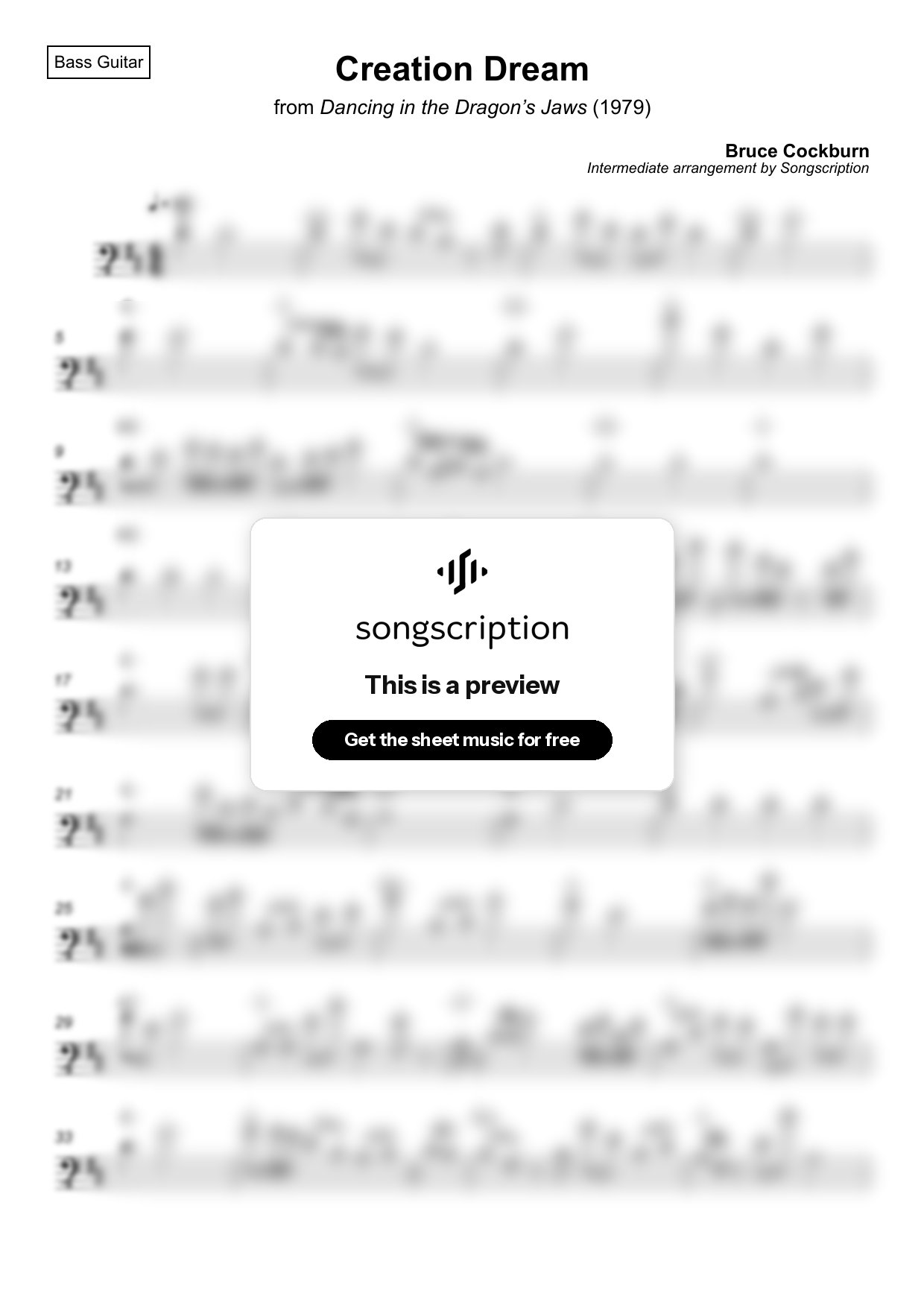 Intermediate Bass Guitar Sheet Music for "Creation Dream" by Bruce Cockburn