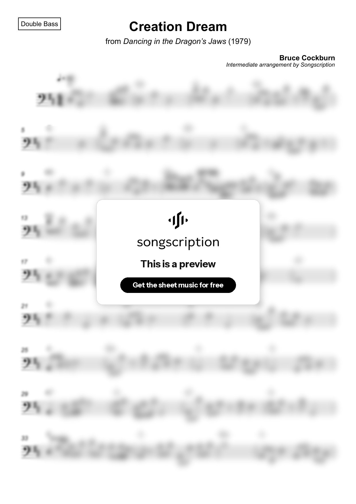 Intermediate Double Bass Sheet Music for "Creation Dream" by Bruce Cockburn
