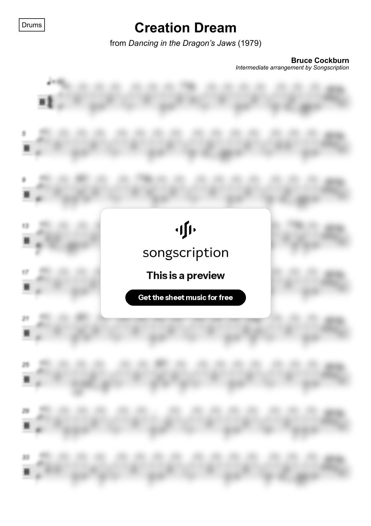 Intermediate Drums Sheet Music for "Creation Dream" by Bruce Cockburn