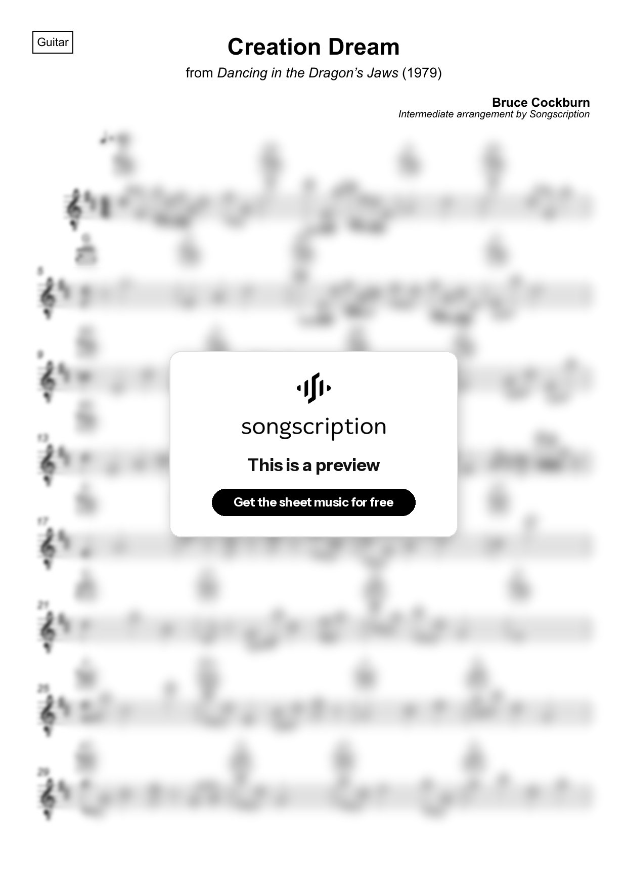 Intermediate Acoustic Guitar Sheet Music for "Creation Dream" by Bruce Cockburn