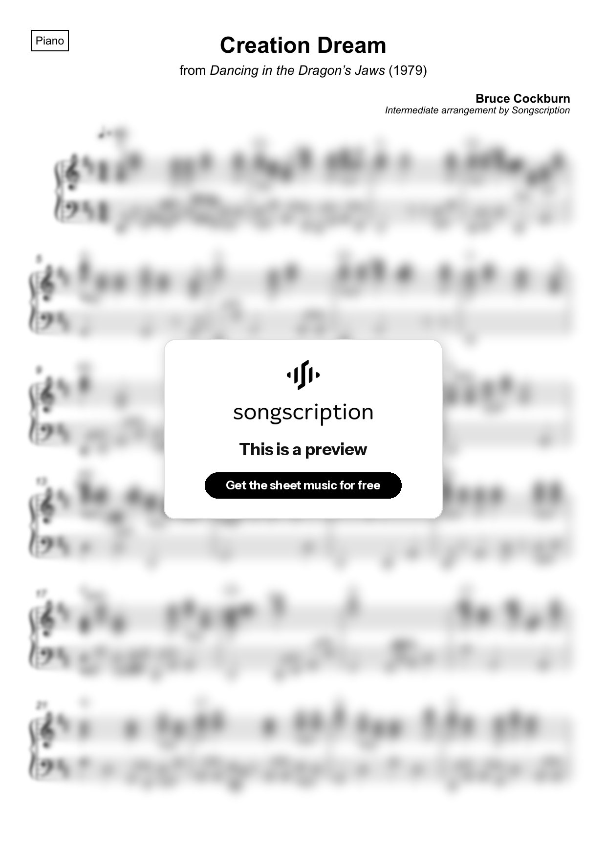 Intermediate Piano Sheet Music for "Creation Dream" by Bruce Cockburn