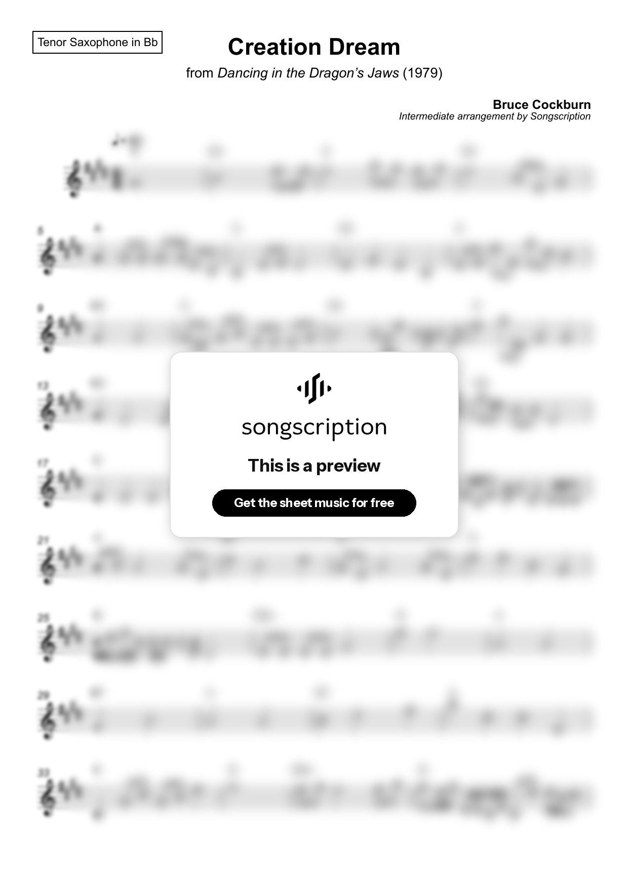 Intermediate Tenor Sax Sheet Music for "Creation Dream" by Bruce Cockburn