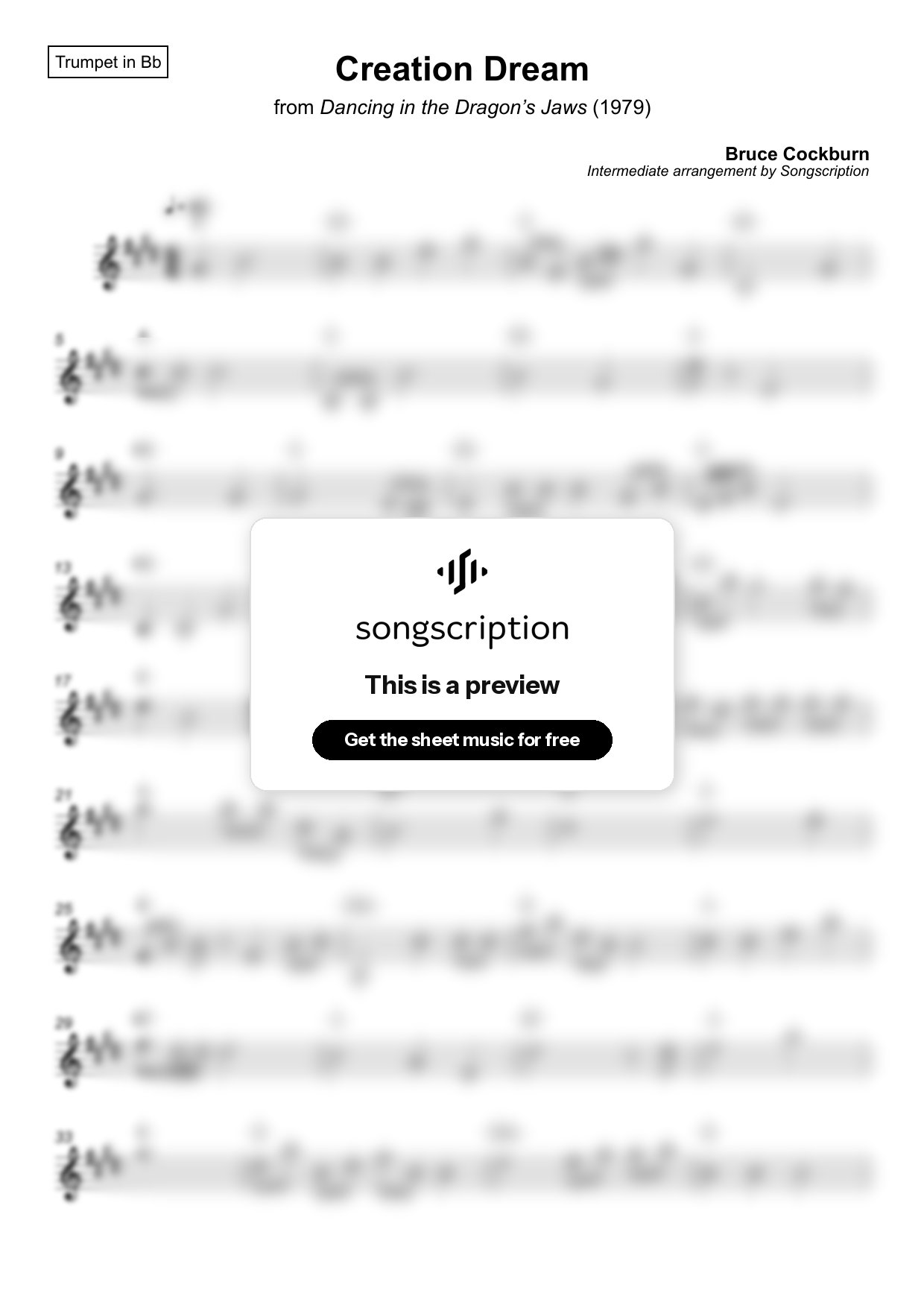 Intermediate Trumpet Sheet Music for "Creation Dream" by Bruce Cockburn
