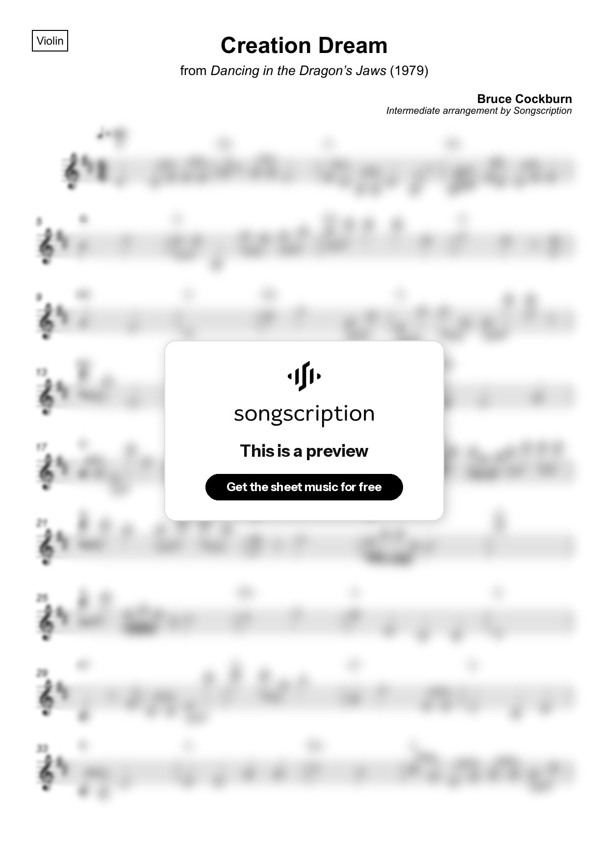 Intermediate Violin Sheet Music for "Creation Dream" by Bruce Cockburn