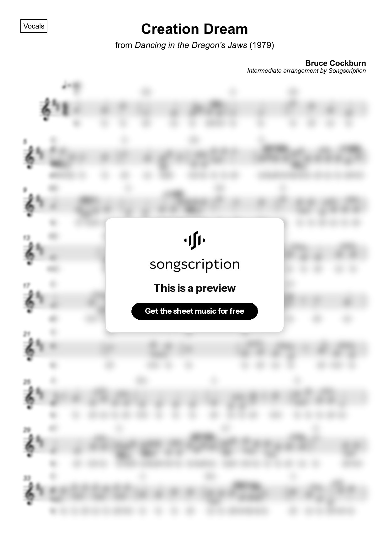 Intermediate Vocals Sheet Music for "Creation Dream" by Bruce Cockburn