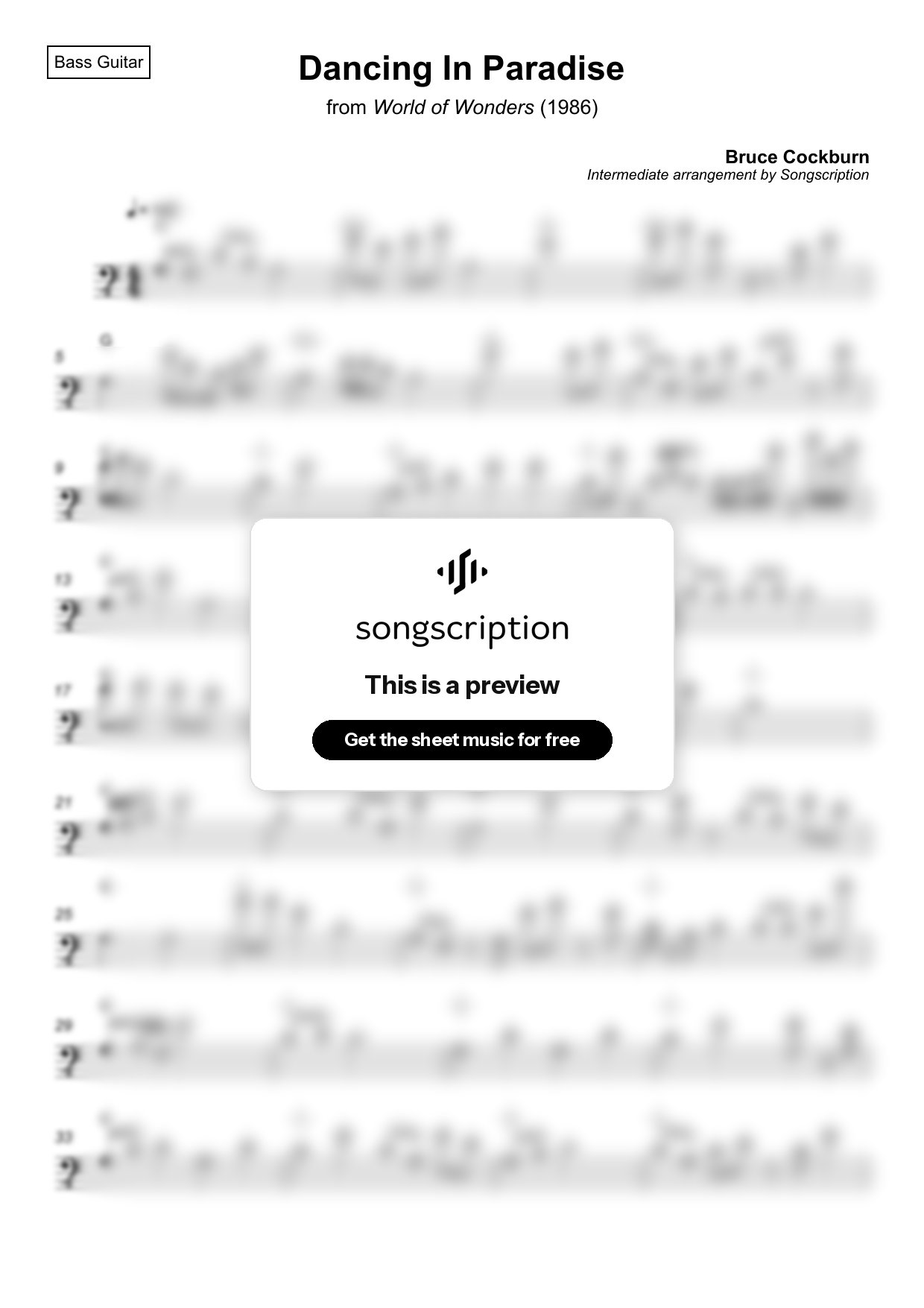 Intermediate Bass Guitar Sheet Music for "Dancing In Paradise" by Bruce Cockburn