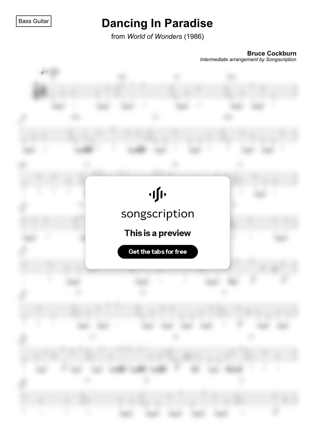 Intermediate Bass Guitar Tabs for "Dancing In Paradise" by Bruce Cockburn