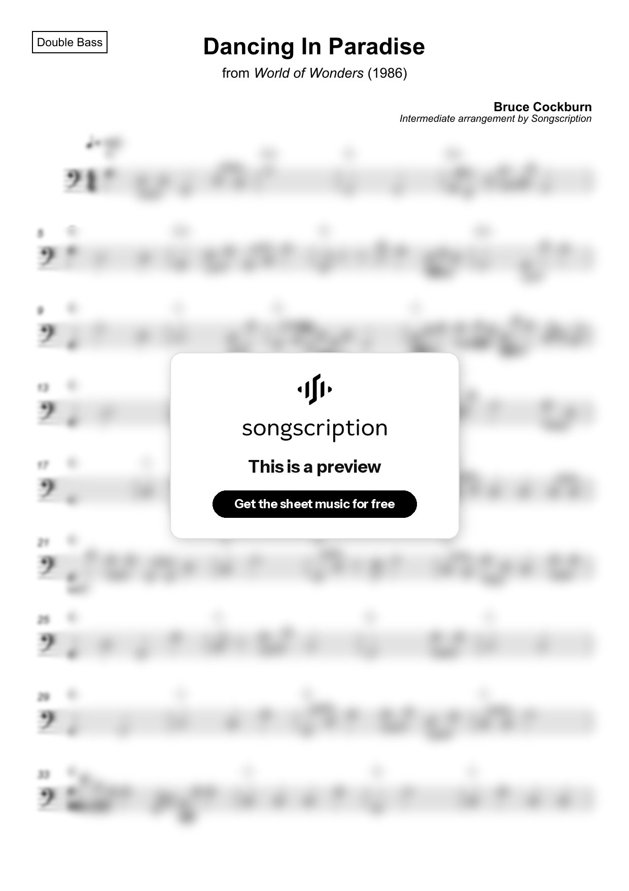 Intermediate Double Bass Sheet Music for "Dancing In Paradise" by Bruce Cockburn