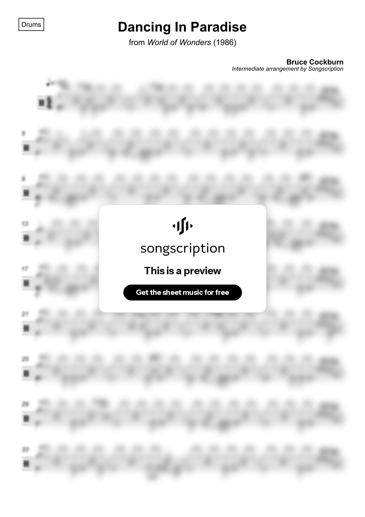 Intermediate Drums Sheet Music for "Dancing In Paradise" by Bruce Cockburn