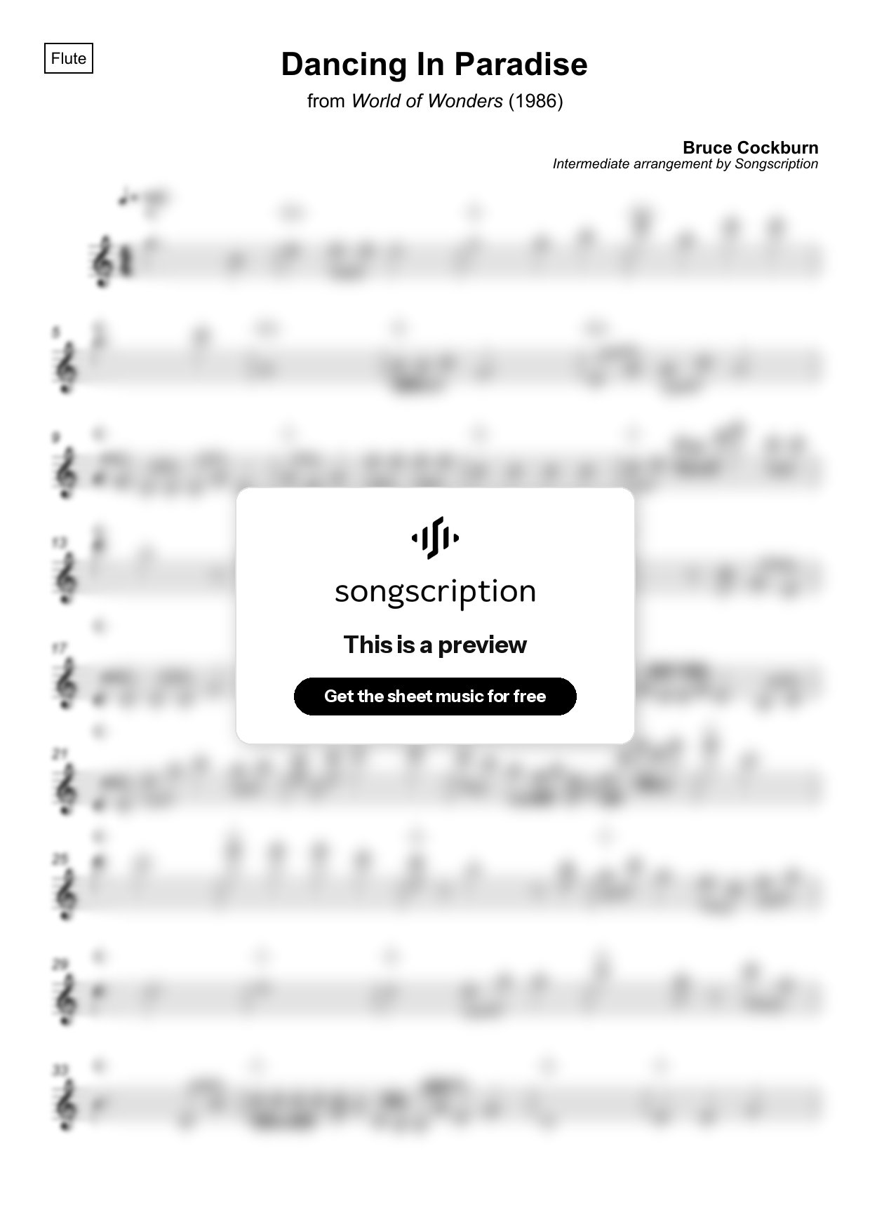 Intermediate Flute Sheet Music for "Dancing In Paradise" by Bruce Cockburn